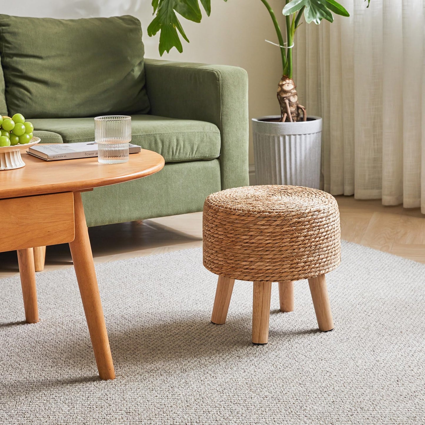 YMYNY Foot Stool Natural Seagrass Hand Weave, 12.6" Small Ottoman, Round Footrest for Living Room, Bedroom, Entryway, Change Shoes Stool, Non-Skid Wood Legs, Boho, Natural, UHBD027N
