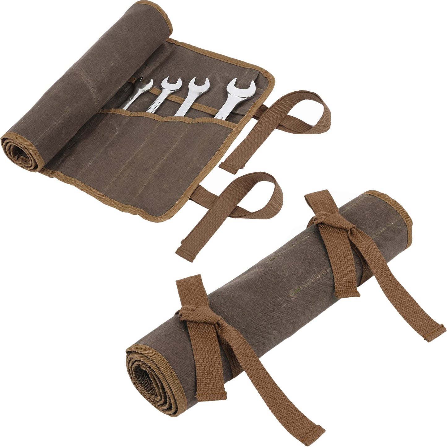 Wrench Roll Up Pouch, Heavy Duty Waxed Canvas Tool Bag Tool Organizer Roll With 20+4 Pockets (Brown)