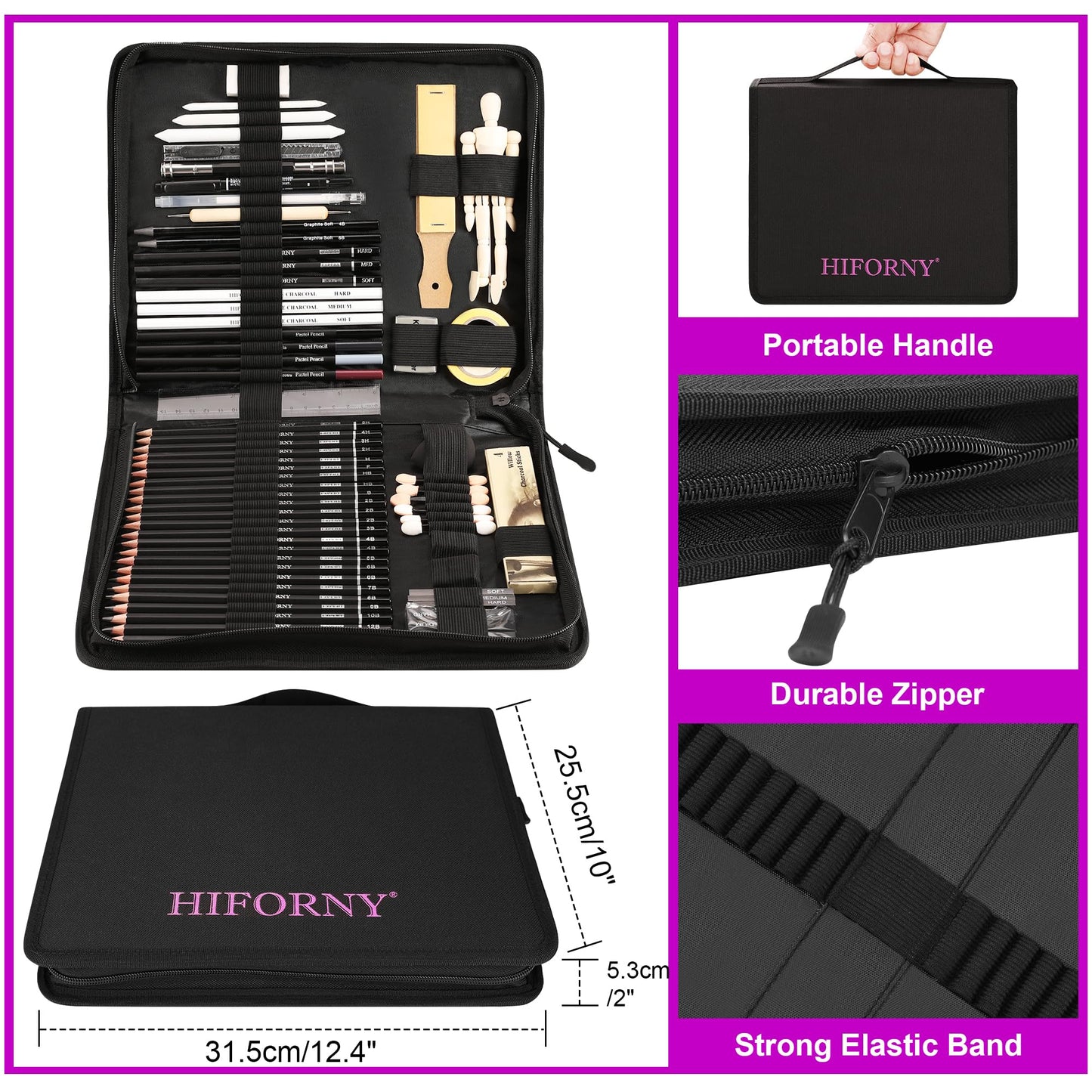 HIFORNY 70 Pcs Drawing Set Sketching Kit - Sketch Pencils Art Supplies for Adults Artists with 3-Color Sketchbook,Graphite,Pastel,Charcoal Pencils,Blending Tools