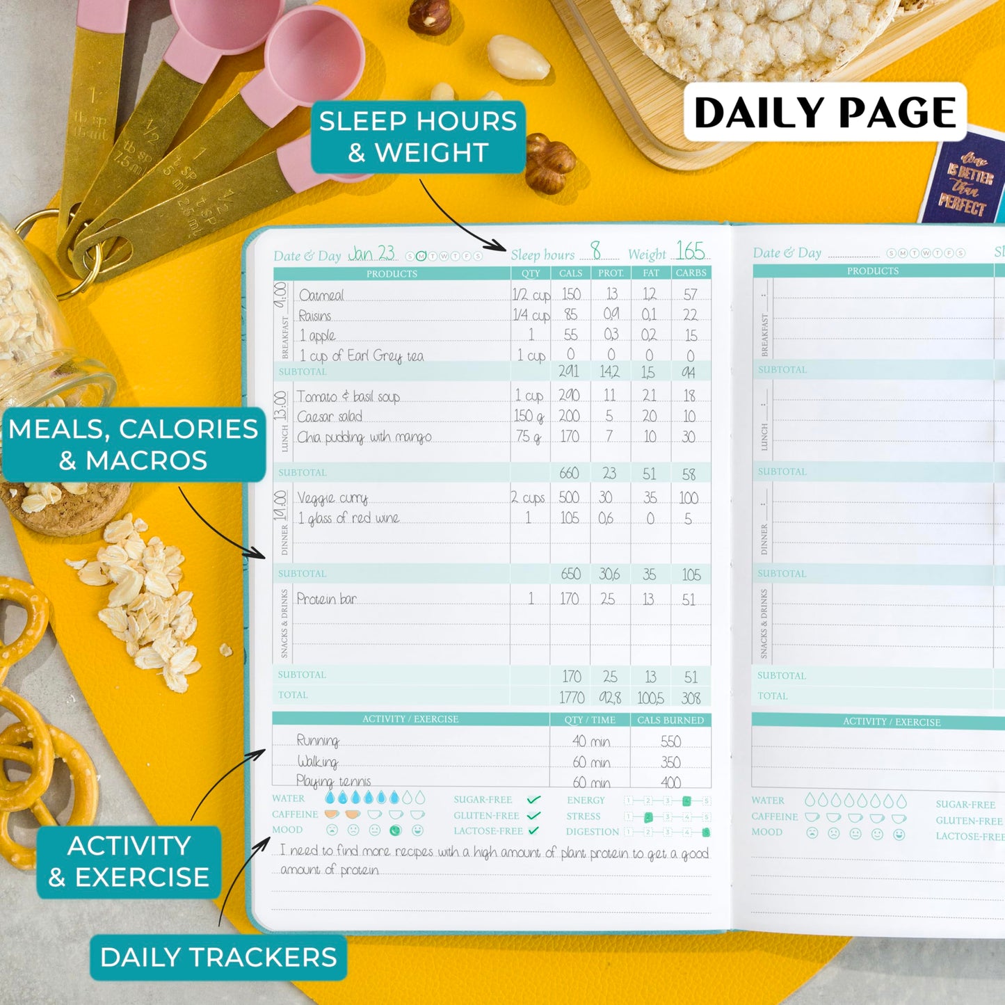 Legend Wellness Planner & Food Journal – Daily Diet & Health Journal with Weight Loss, Measurement & Exercise Trackers – Lifestyle & Nutrition Diary – Lasts 6 Months, A5 size – Turquoise
