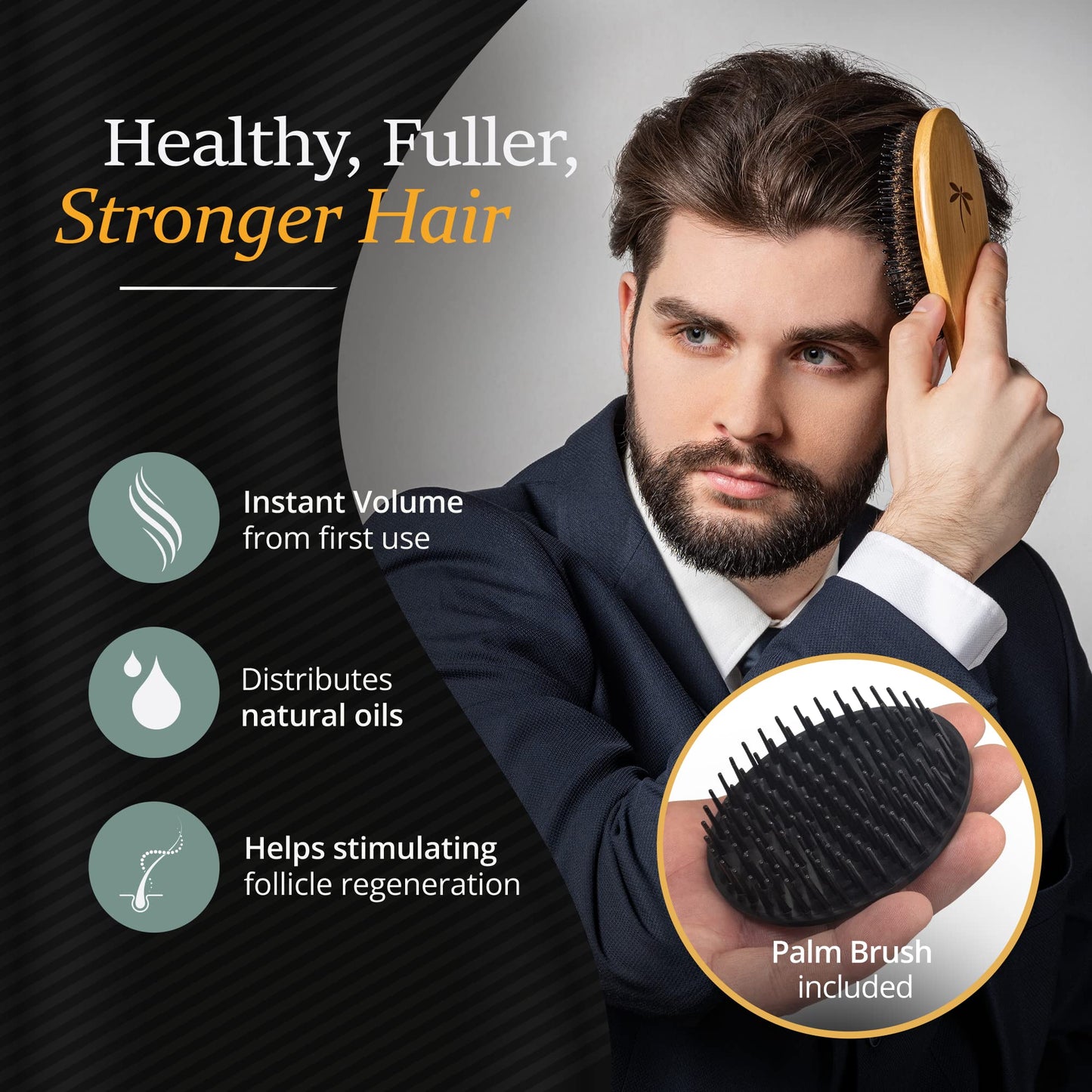 Belula Premium Boar Bristle Hair Brush for Men Set.Styling Mens' Hair Brush with Nylon Pins. Boar Bristle Brush, 2 x Palm Brush, Wooden Comb & Travel Bag Included.