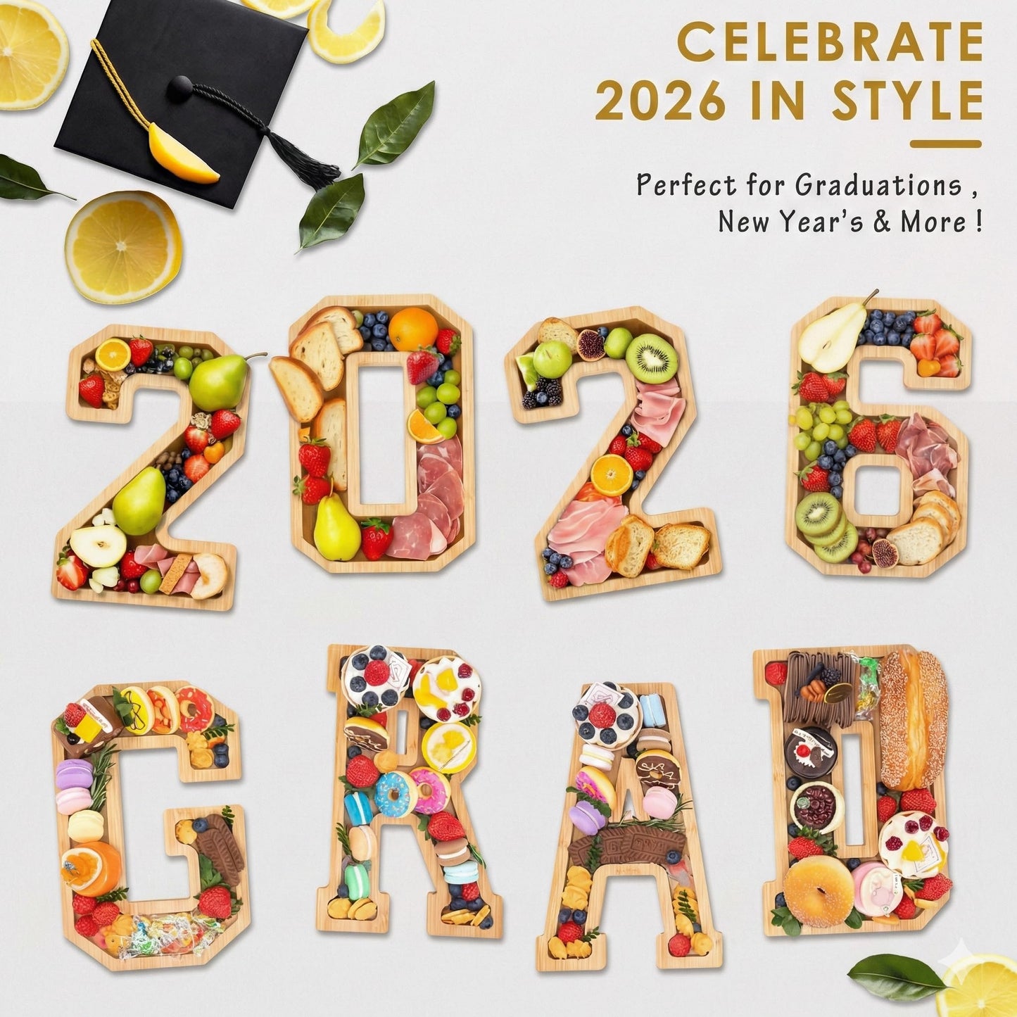 4PCS Wooden Graduation Decorations Number Charcuterie Board Box-(with 14 Balloons) Grad Charcuterie Numbers Fillable Food Graduation Party Supplies Suitable for 2026 Party Decoration