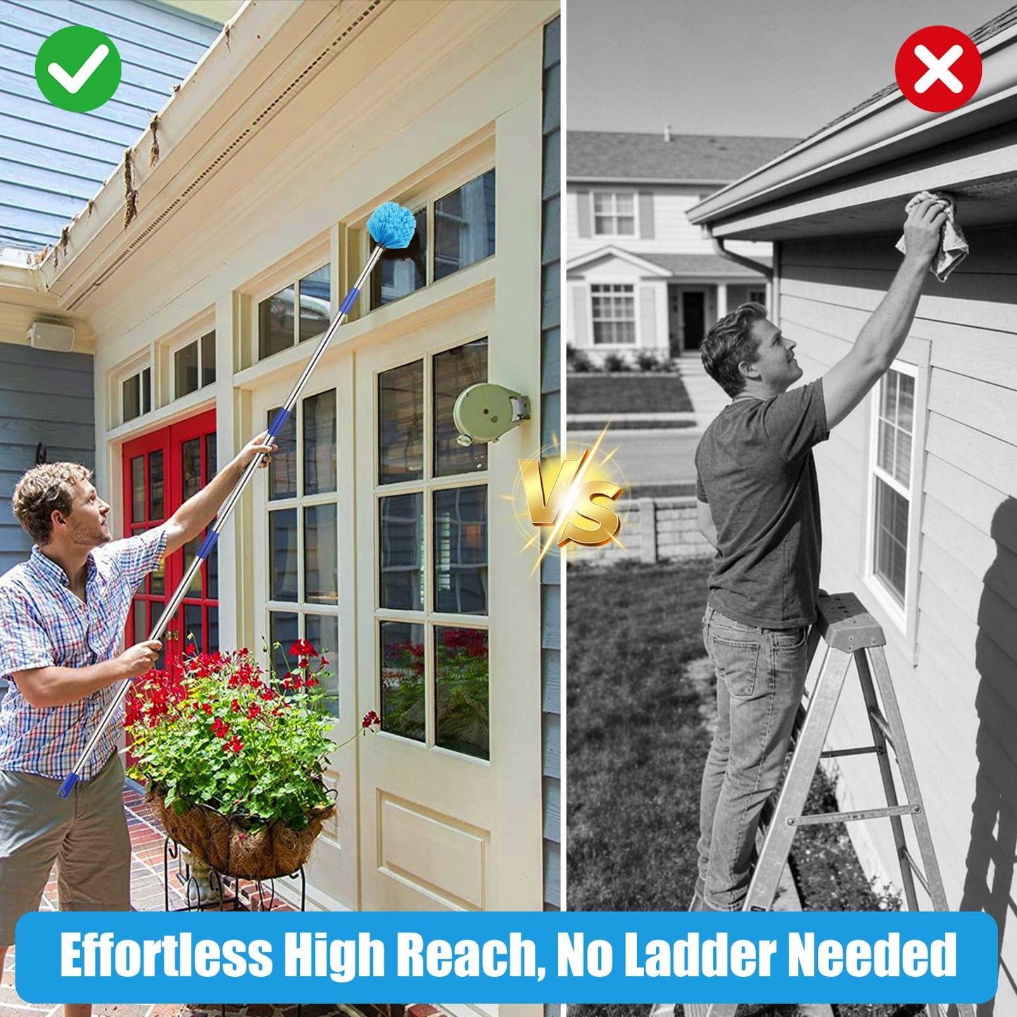Cobweb Duster with Extension Pole - 8 FT Lightweight Stainless Steel Extendable Duster Ceiling Fan Duster for High Ceilings, Medium Stiff PET Bristle Spider Web Brush for Indoor/Outdoor Cleaning