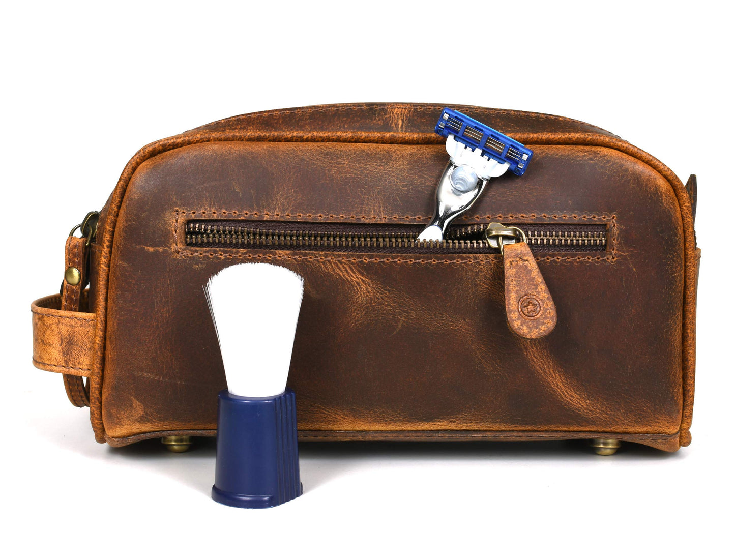 10" Premium Leather Toiletry Travel Pouch with Waterproof Lining | King-Size Handcrafted Vintage Dopp Kit by Aaron Leather Goods (Copper)