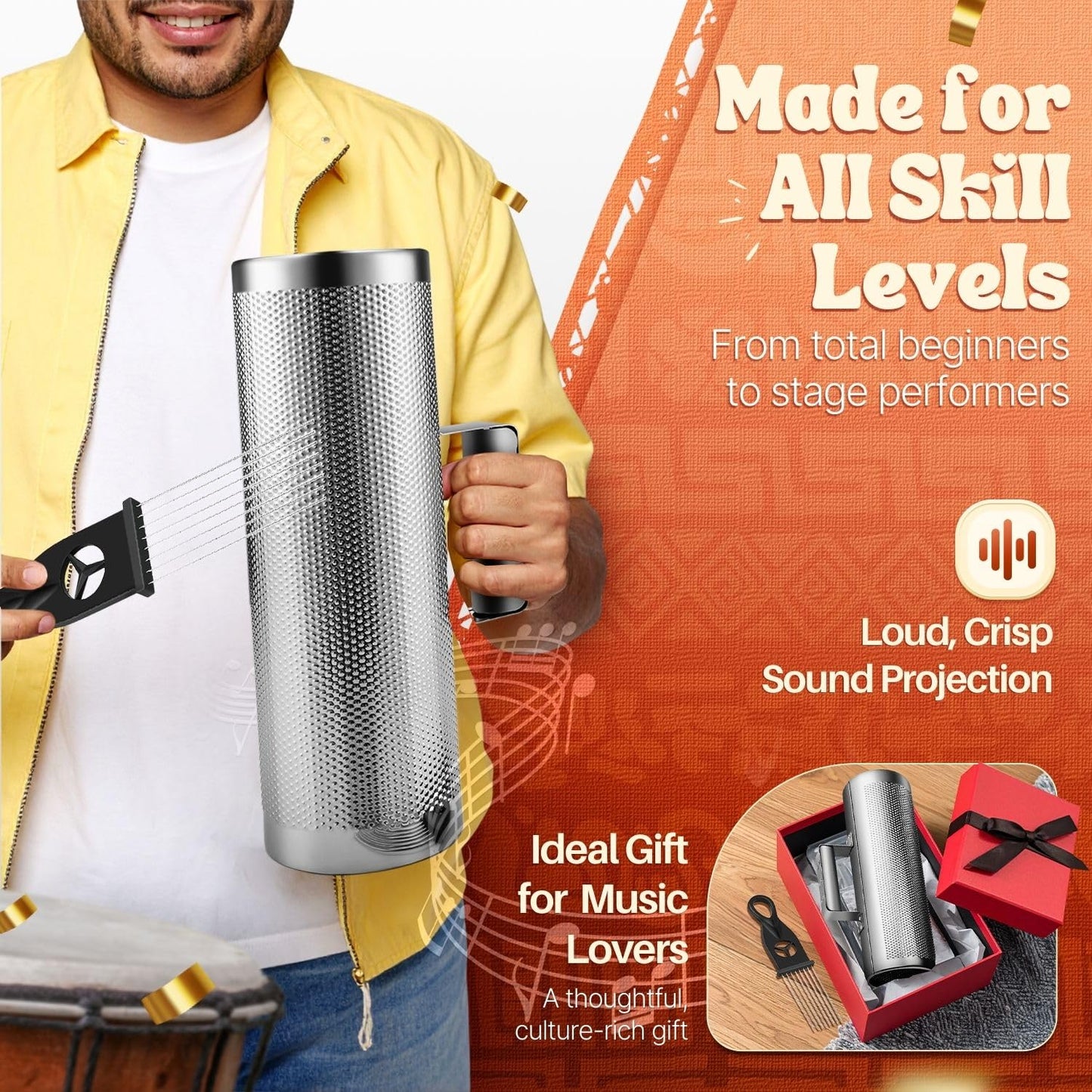 Flexzion Metal Guiro with Scraper Shack 4" x 12" - Merengue Guira Dominicana - Round Cylinder Stainless Steel Hand Musical Instrument Percussion for Jazz Bands, Concerts, and Live Performances