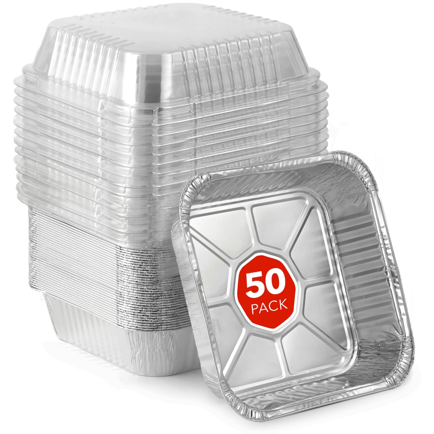 Stock Your Home (50 Pack) 8x8 Disposable Baking Pans with Lids, Heavy Duty Square Aluminum Cake Pan with Lid, Foil Trays with Clear Plastic Cover, Food Take Out Container for Baked Goods