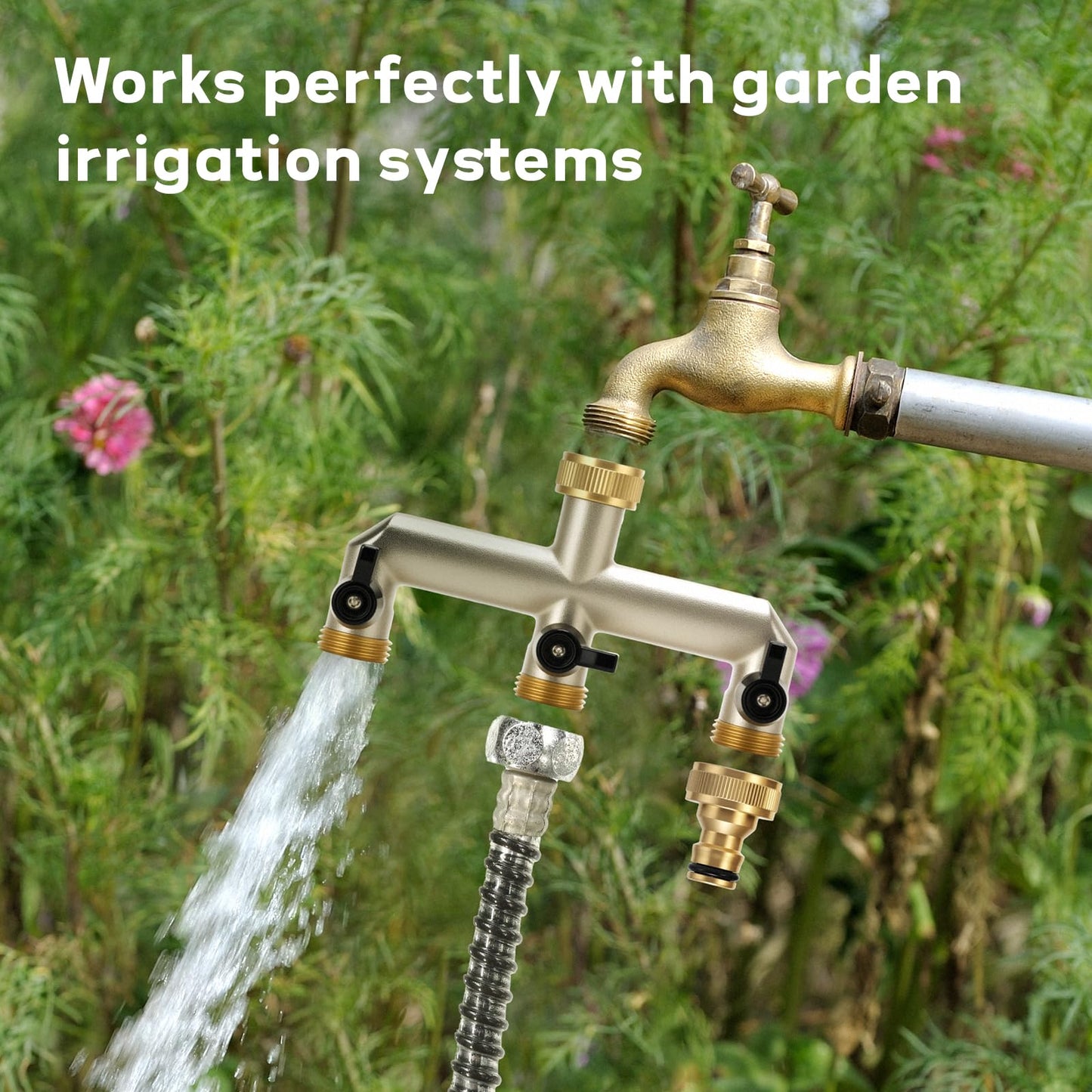 MEASUREMAN 3-Way Heavy Duty Brass Garden Hose Splitter Kit Leak-Proof Water Distributor with Shut-Off Valves 3/4" Faucet Connector for Garden, Lawn, RV & Irrigation
