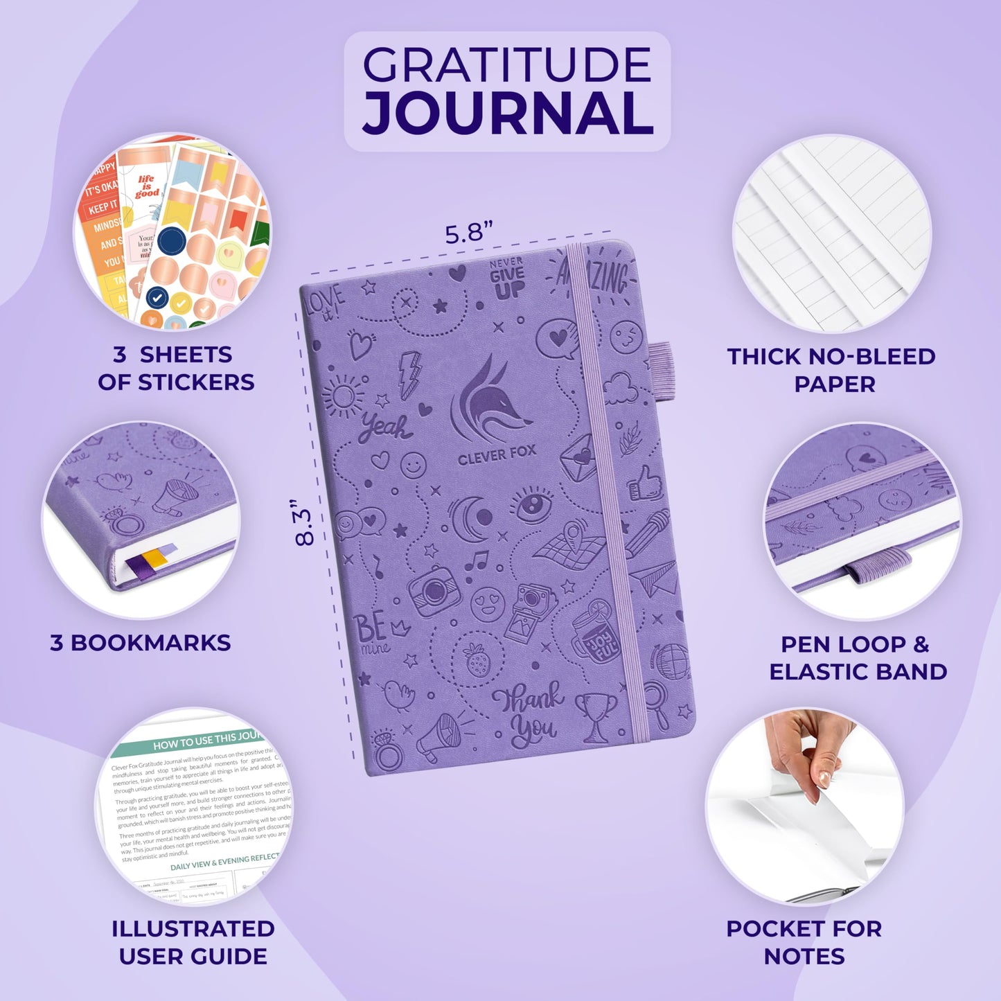 Clever Fox Gratitude Journal – Happiness, Positivity & Affirmation Daily Journal for Women & Men – Inspirational Notebook for Positive & Grateful Mind – 3 Months Undated – A5 Hardcover, Lavender