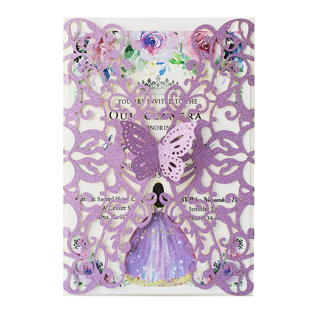 KUCHYNEE 50PCS 5.1 x7.3 Inch Purple Glitter Laser Cut Quinceanera invitations kit Hollow Floral Butterfly Pocket Invitation for Quincenera Wedding Invite (Purple Glitter)