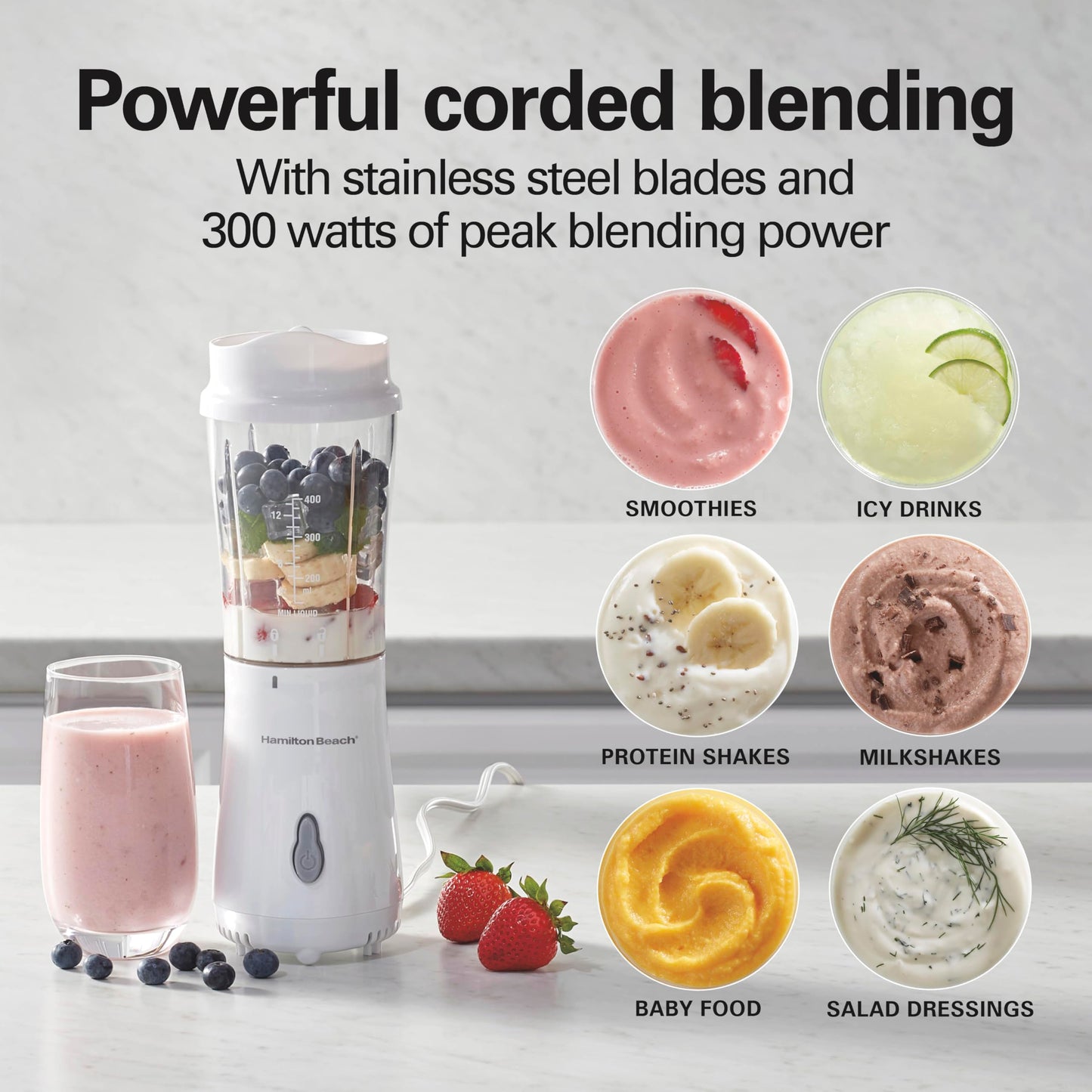 Hamilton Beach Personal Blender for Smoothies & Protein Shakes, Portable Single Serve Blender with 2 Travel Jars & Lids, 14 oz BPA-Free Cups, Stainless Steel Blades, 300W, White, 51102G