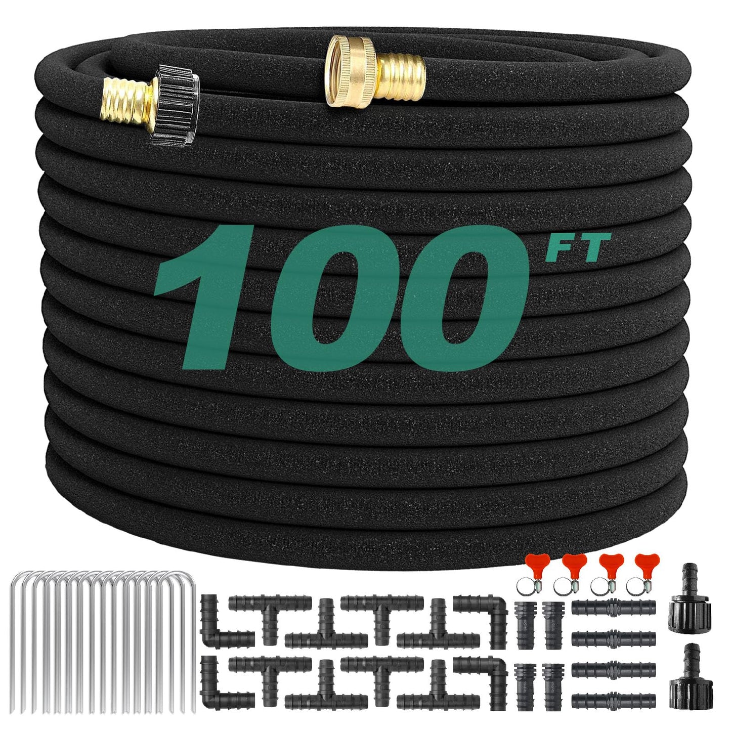 XDRSIXA Soaker Hose 100 FT For Garden Beds,Solid Brass Connector 1/2" Round Heavy Duty Garden Soaker Hose Kit Watering Hose With Holes For Vegetable/Fruit Beds, Shrubs, Lawn,Yard