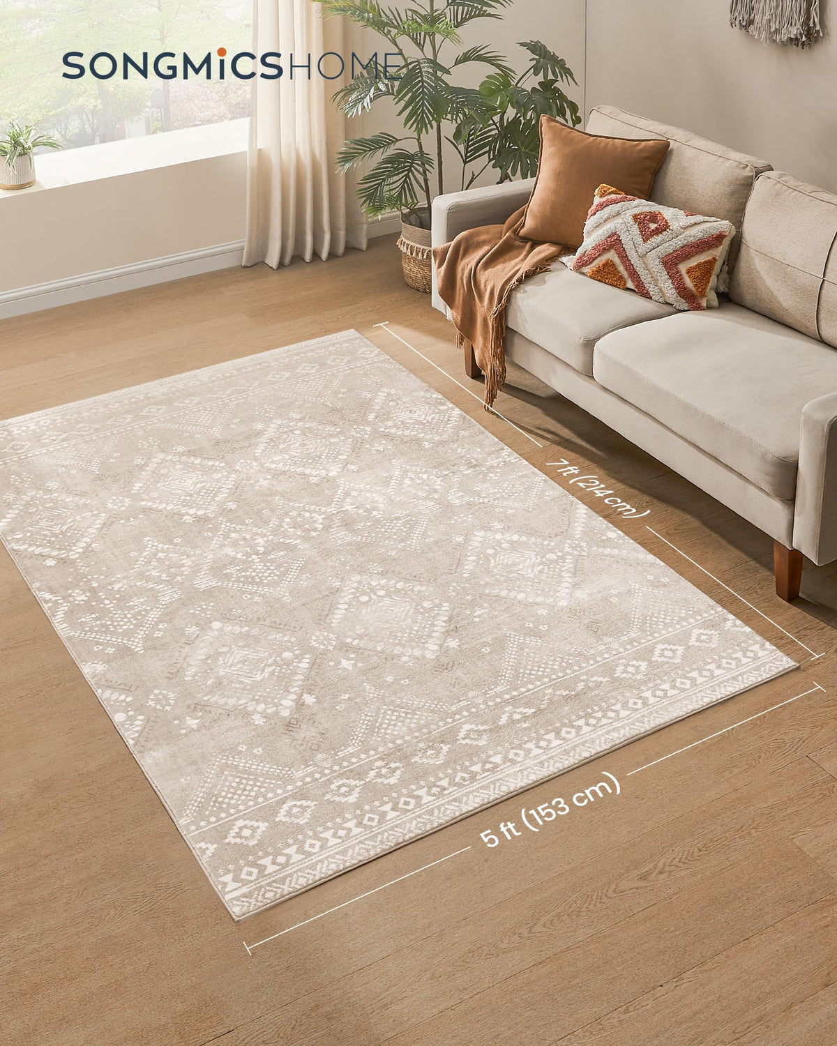 SONGMICS HOME Area Rug, 5x7 ft Rug for Bedroom, Non-Slip Carpet, Home Decor, for Living Room, Machine Washable, Boho Style, Cappuccino Beige UTAR023K01