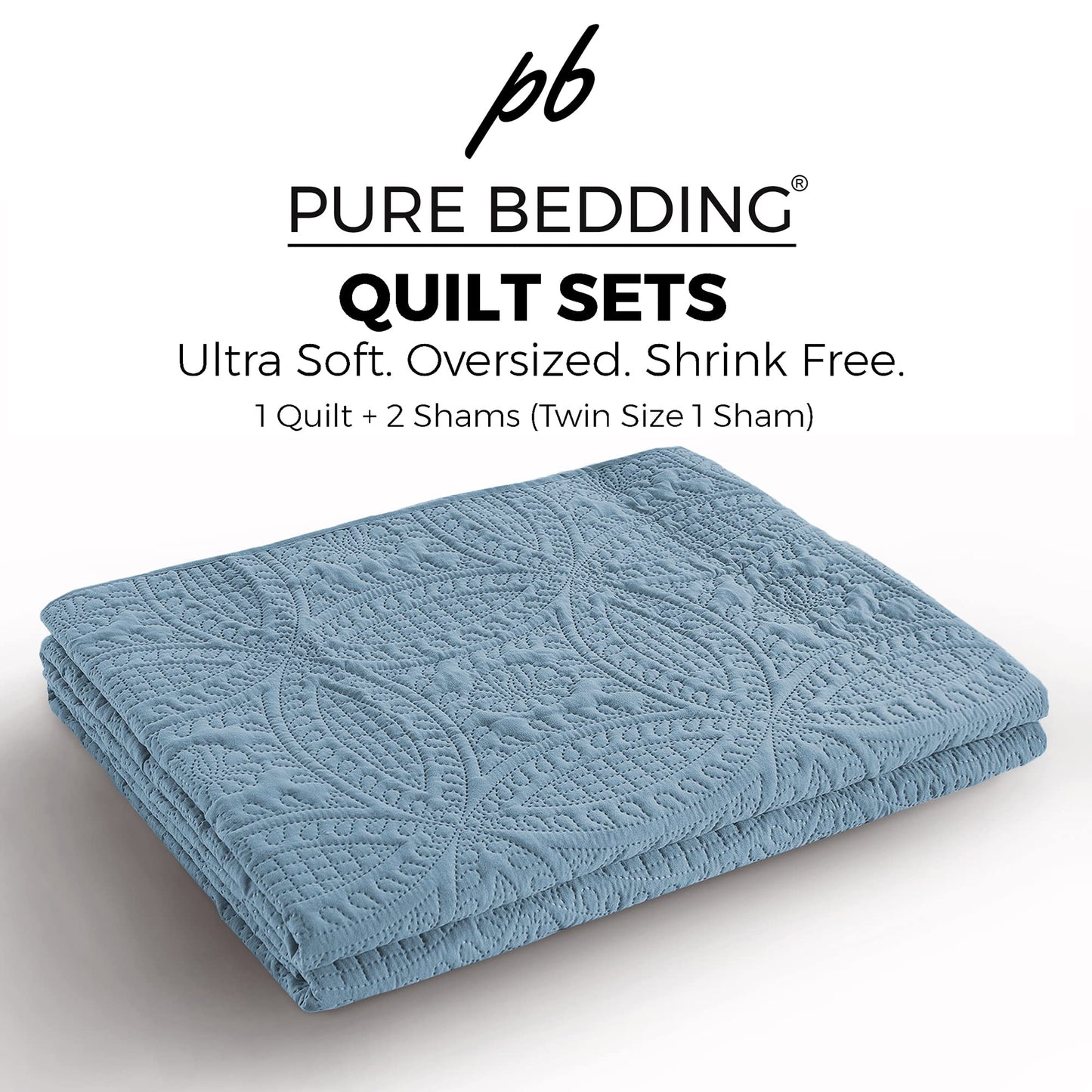 Quilt Set King/Cal King/California King Size Ash Blue - Oversized Bedspread - Soft Microfiber Lightweight Coverlet for All Season - 3 Piece Includes 1 Quilt and 2 Shams, Geometric Pattern