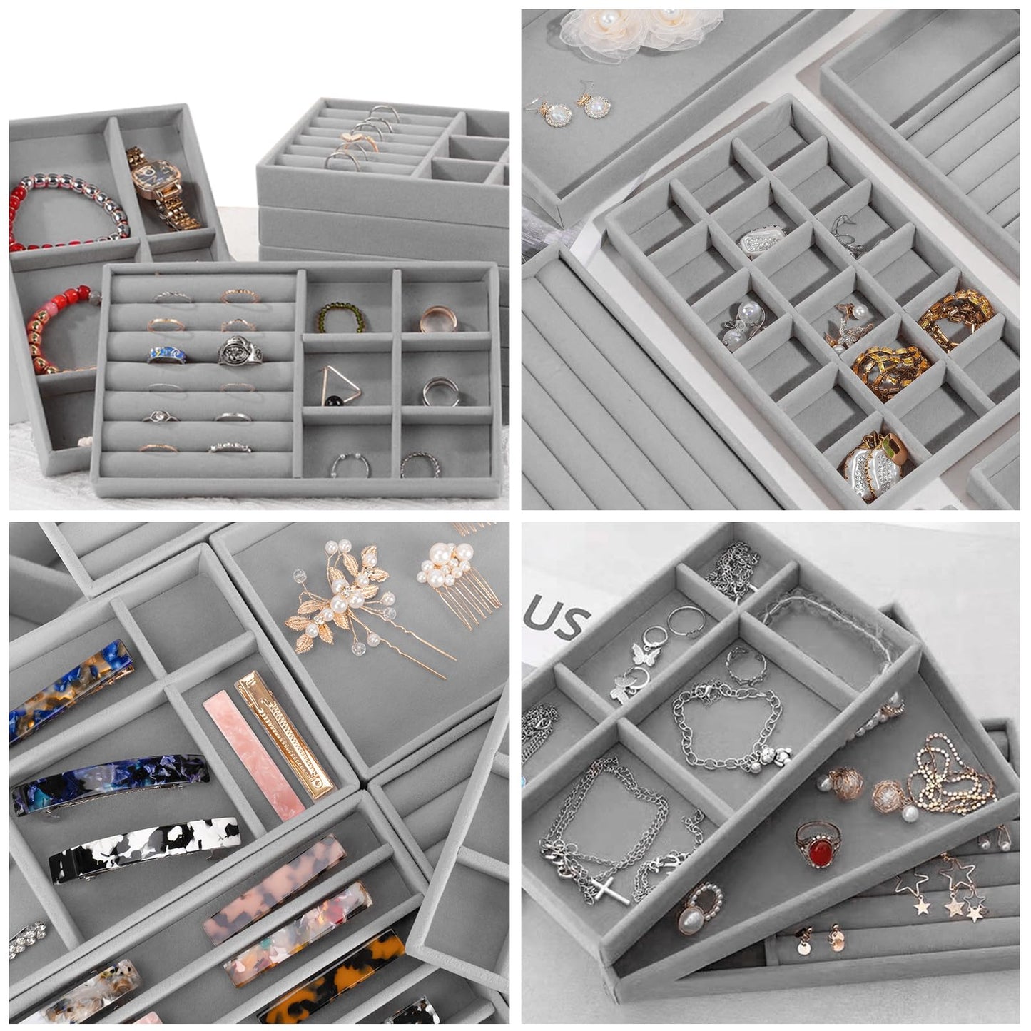 12Pcs Velvet Stackable Jewelry Trays, FHDUSRYO Jewelry Drawer Organizer, Large Removable Display Jewelry Tray, Necklace Bracelet Storage Box for Earring, Ring, Brooch, Watch (Grey)