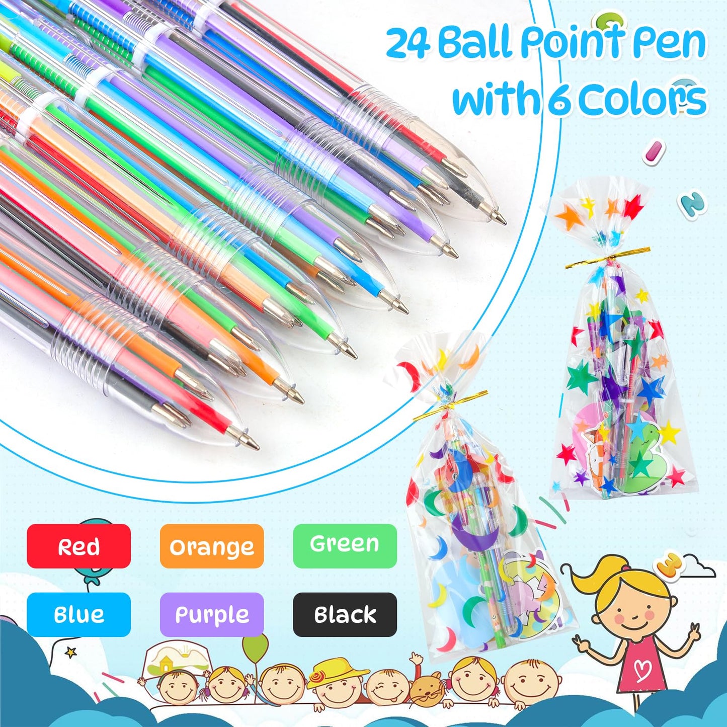 Loot Bags for Kids Birthday, 24Pack Stationery Party Favors with 6-in-1 Multicolor Pens Pencils Sticky Notes Stickers Bookmarks for Goodie Bags Birthday Classroom Gifts Rewards