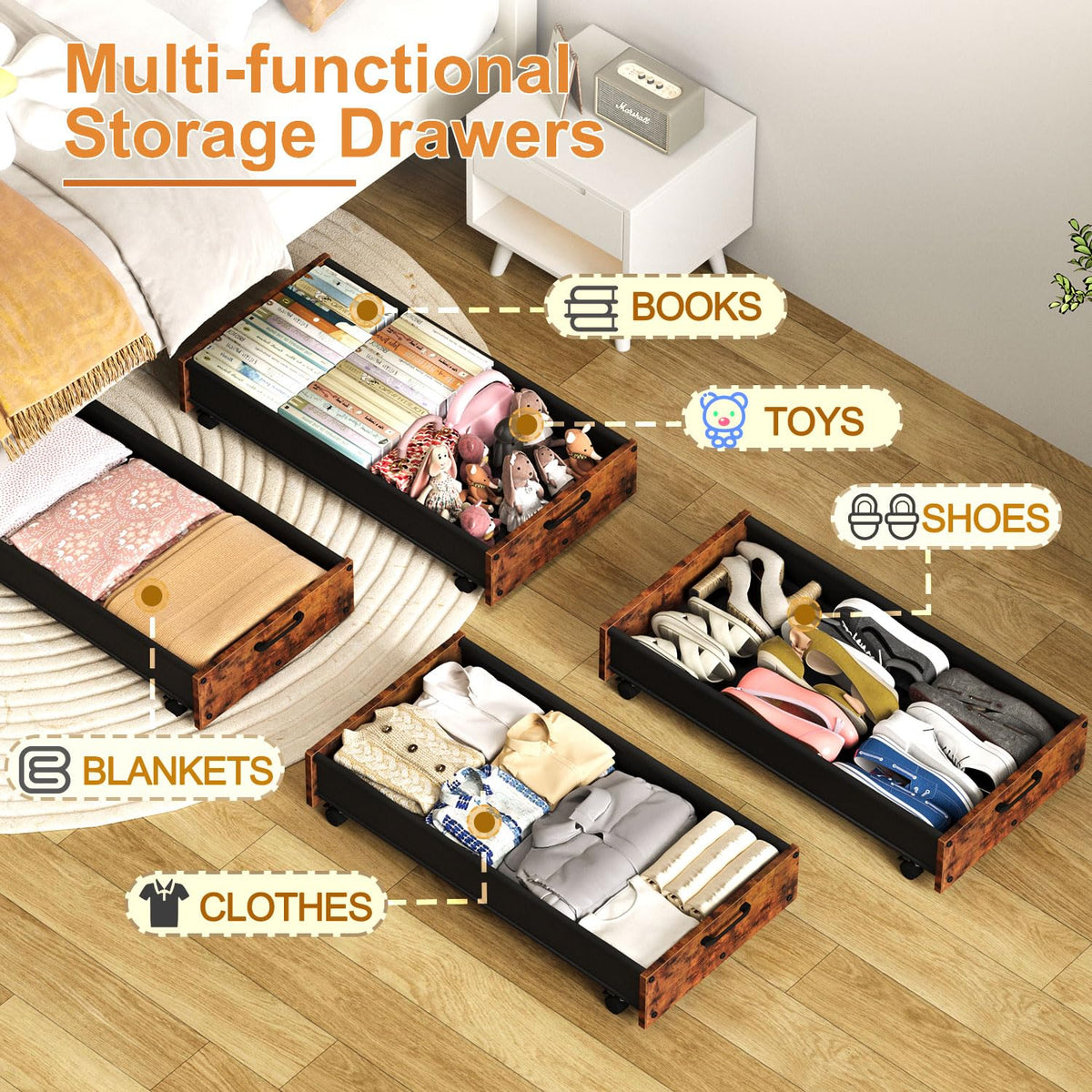 2 Pack Wood Under Bed Storage with Wheels-55 L/pc, Large Storage Containers for Clothes, Blankets Under Bed Shoe Storage Organizer, Easy Rolling Wooden&Metal Drawer ZIMICRO