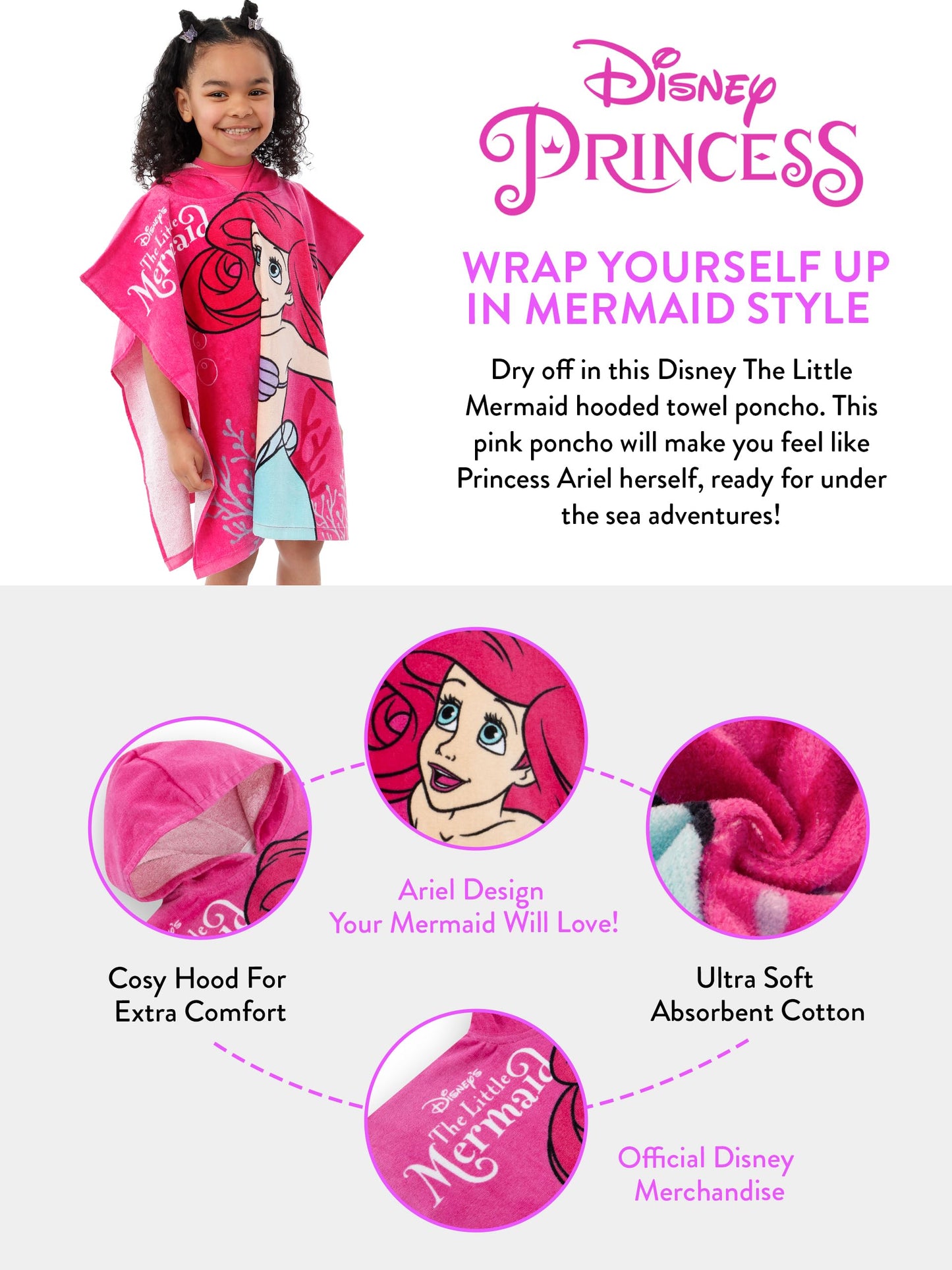 Disney Girls Beach Towel | Ariel Towel Poncho | Cotton Hooded Towel | The Little Mermaid Towels for Girls | One Size Pink