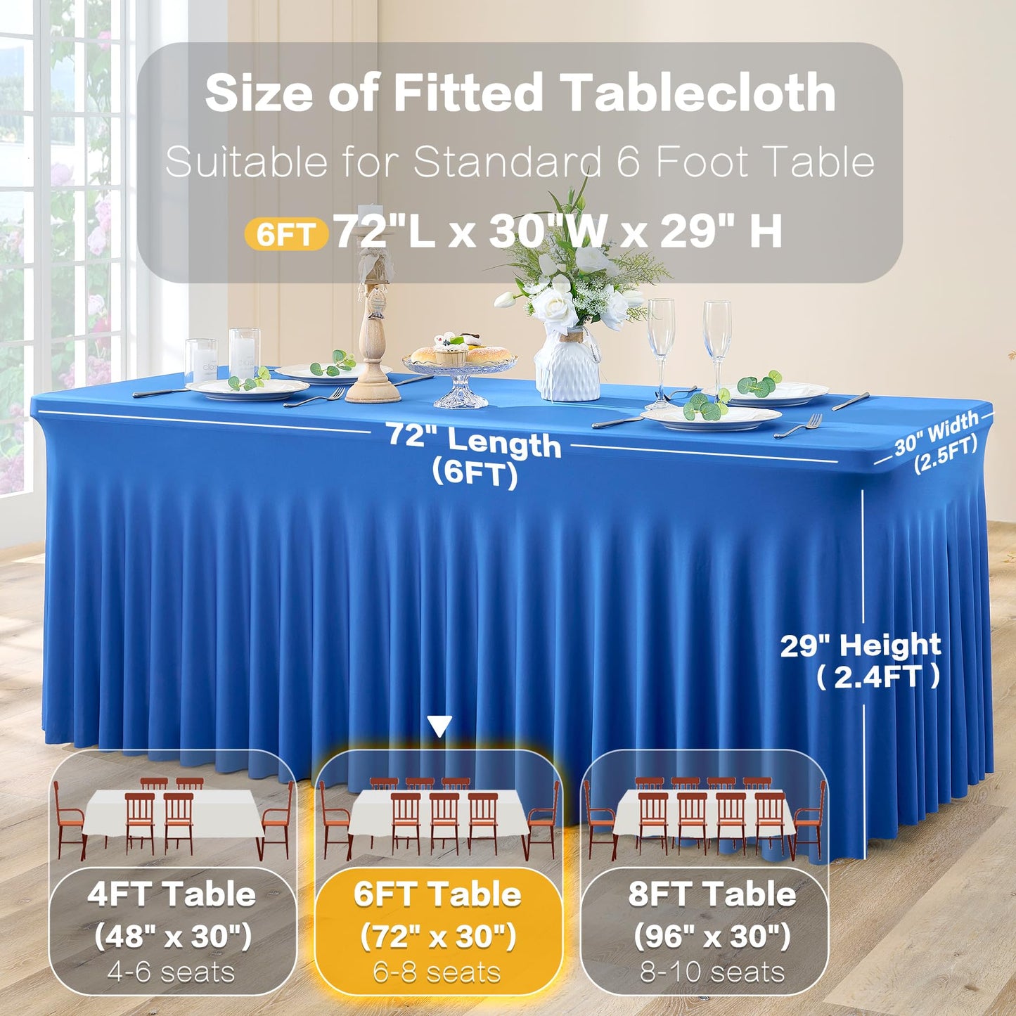 Htper 2 Pack Royal Blue Spandex Table Clothes for 6 Foot Rectangle Tables, Wrinkle Free Fitted Table Cover 6ft Stretchy Tablecloths with Skirt for Parties Weddings Birthday Banquet Baby Shower
