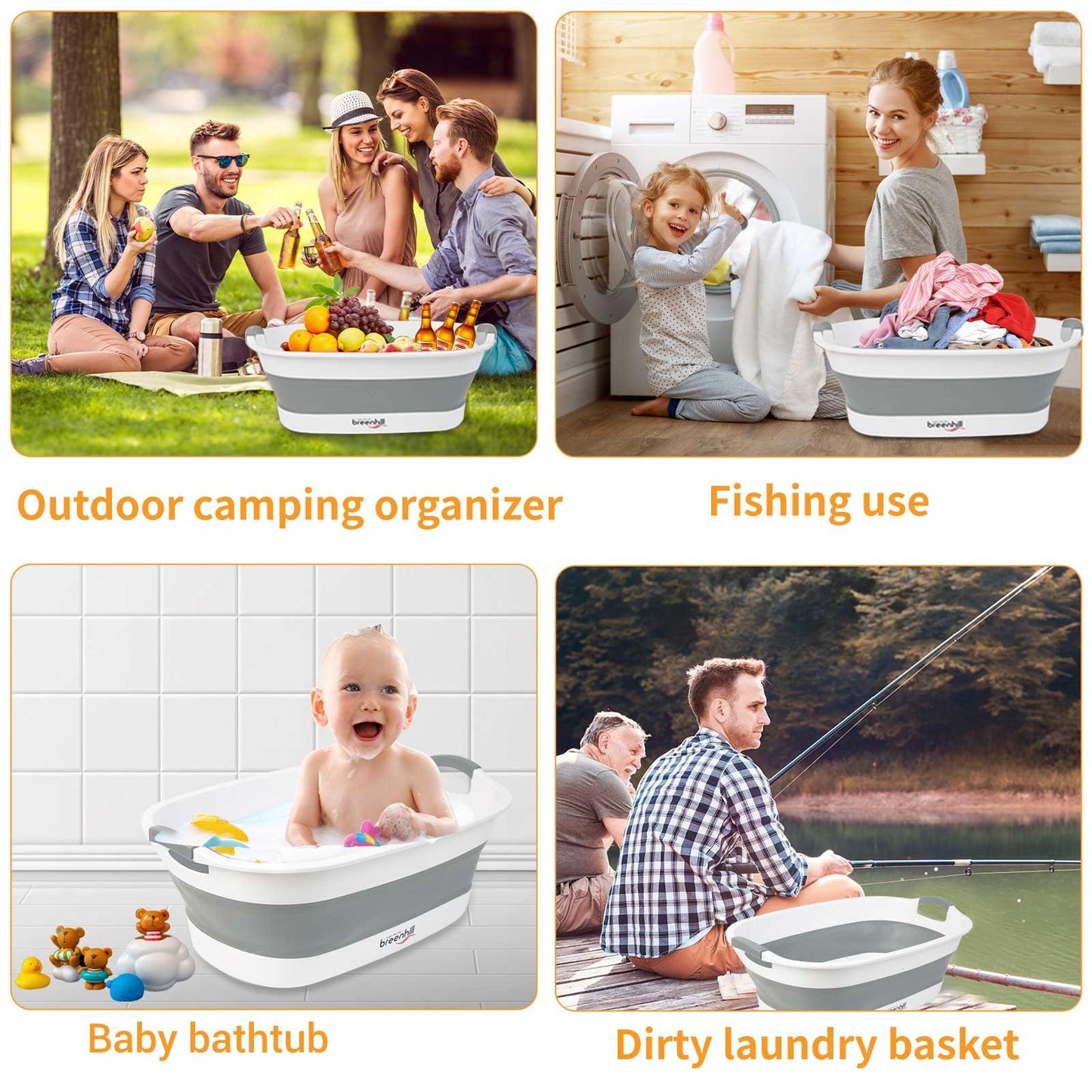 BREENHILL Collapsible Dog Bath Tub for Small Dogs & Cats, Portable Puppy Bath Tub with Water Drain Plug, Space Saving Foldable Pet Bathtub for Indoor & Outdoor Use, Grey