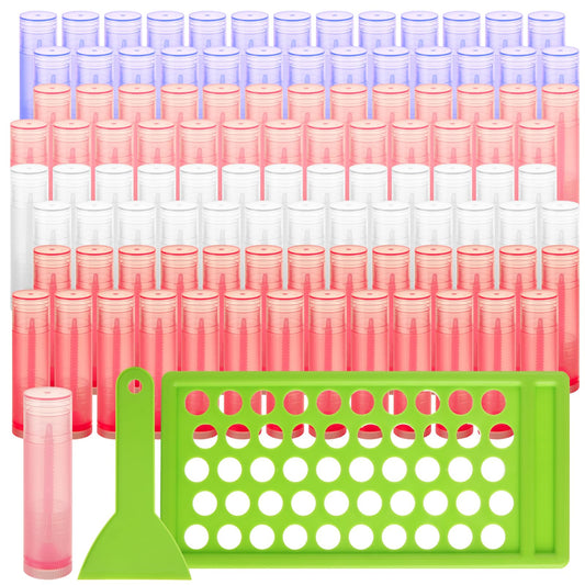 ABuff 200 Pcs Lip Balm Tubes 5g Empty Plastic Lip Gloss Balm Containers with Filling Tray and Spatula, Clear Empty Chapstick Tubes for DIY Homemade Lipsticks, Solid Perfume, 4 Colors
