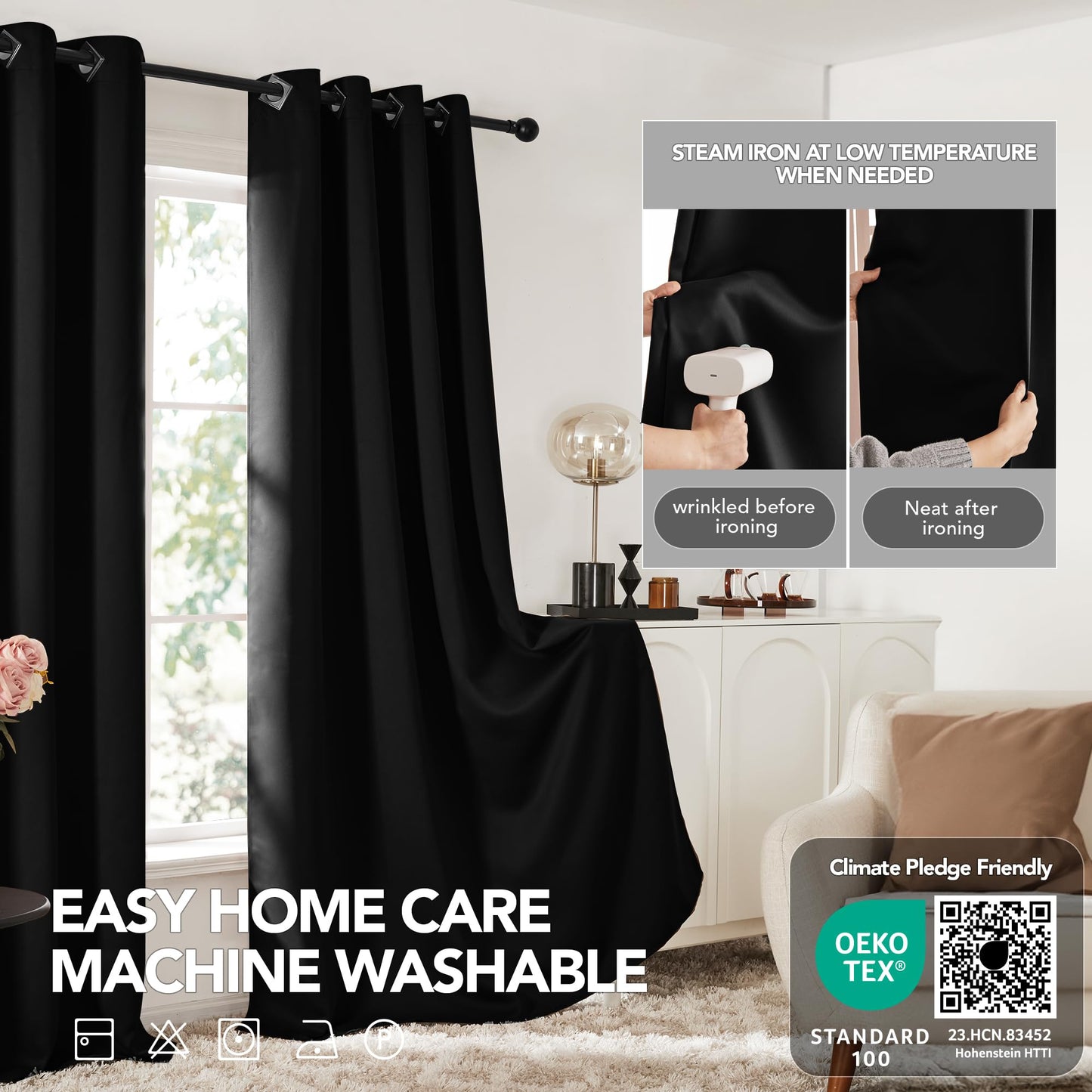 Deconovo Blackout Curtains 2 Panels, Black Thermal Bedroom Curtains, Living Room Darkening Curtains 84 Inches Long, Grommet Window Kids Nursery Curtains, 52W x 84L Inch