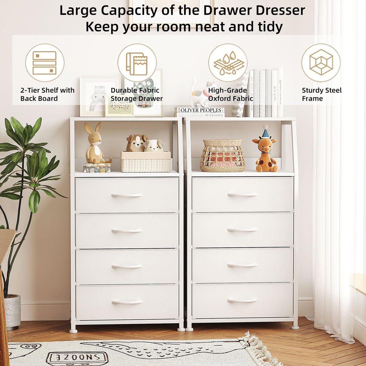 Mexin Dresser for Bedroom, Tall Night Stand with 4 Drawers, Bedside Table de Chevet, Small Chest of Drawers for Closet Living Room, White