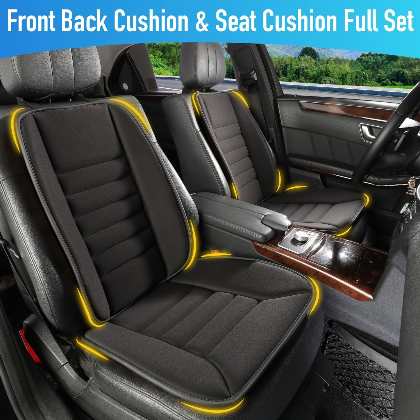 Car Seat Cushion with Lumbar Support Pillow: Front Back Cushion & Seat Cushion Full Set, Comfy Memory Foam Driving Cushion for Back-Sciatica Pain Relief, Seat Pad Suitable for Car, Truck, SUV - Black
