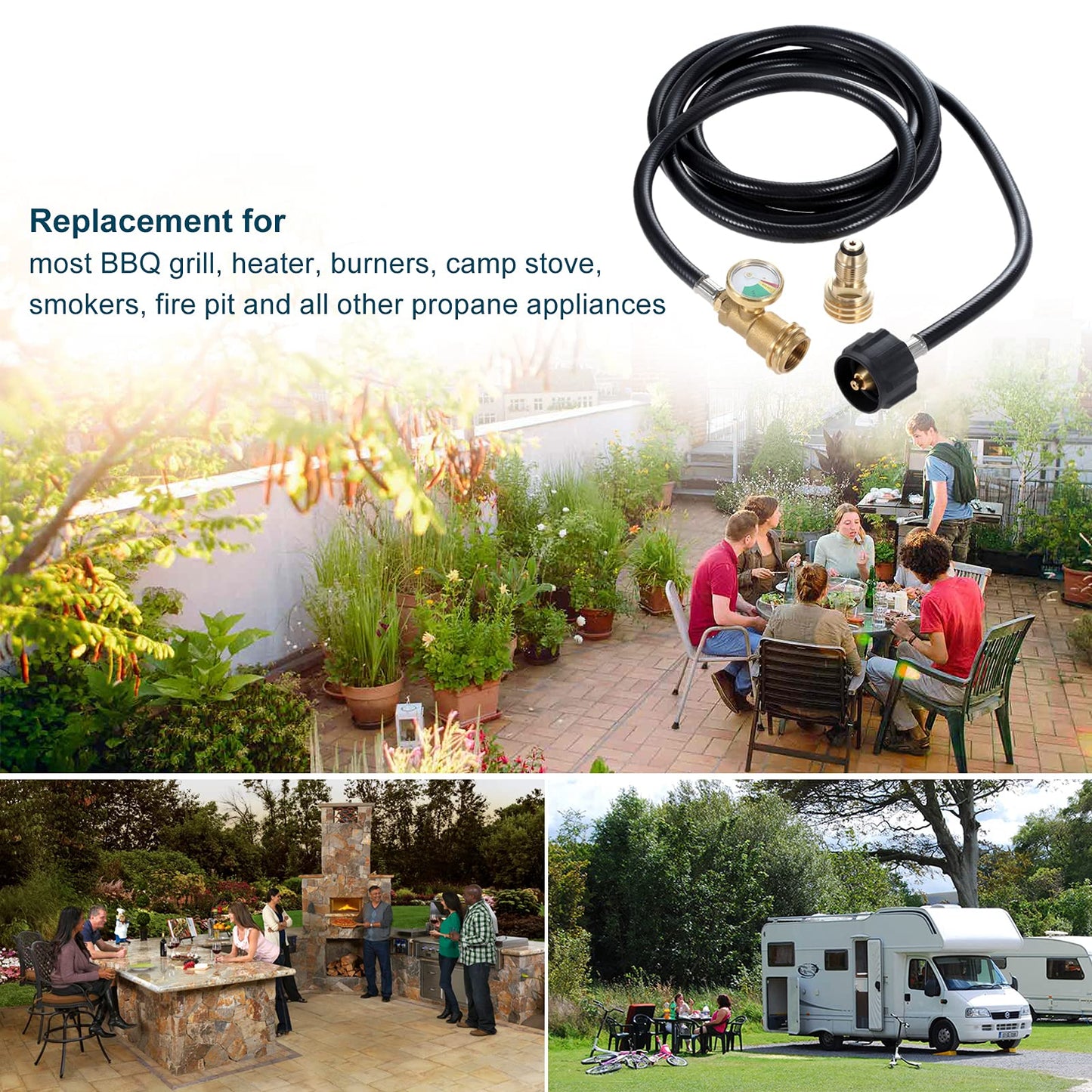 12 Feet Propane Extension Hose with Gauge, Tank Adapter Converts POL LP Tank to Male QCC1 / Type1 Fittings for RV, Stove, Gas Grill, Heater, Fire Pit, More Propane Appliances