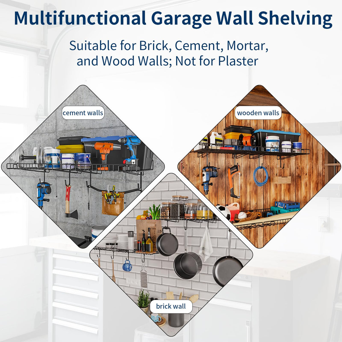 2 Pack Garage Wall Shelf,Wall Mounted Storage Shelves,Heavy Duty Metal Shelves for Room Wall, Loads 130 LBS Floating Shelf Mesh Storage Rack for Garage, Office, Basement, Cabinet and Kitchen