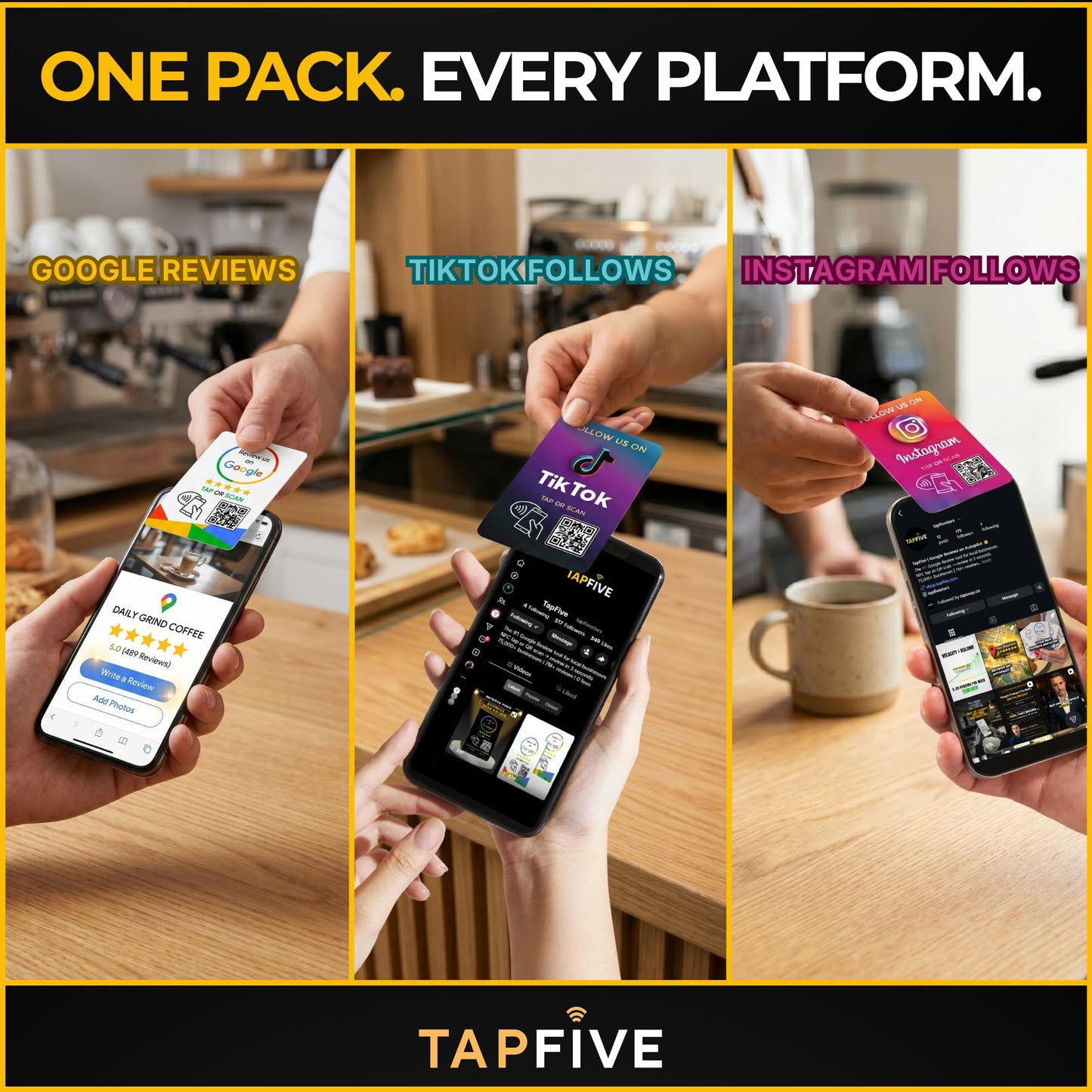 TapFive Google Review Tap Cards + Follow Us on Instagram Facebook TikTok Tap Cards (5-Pack) - Tap for Instant Reviews & Followers - All Phones Compatible - Reusable Tap NFC & QR (5-Pack Social Pack)