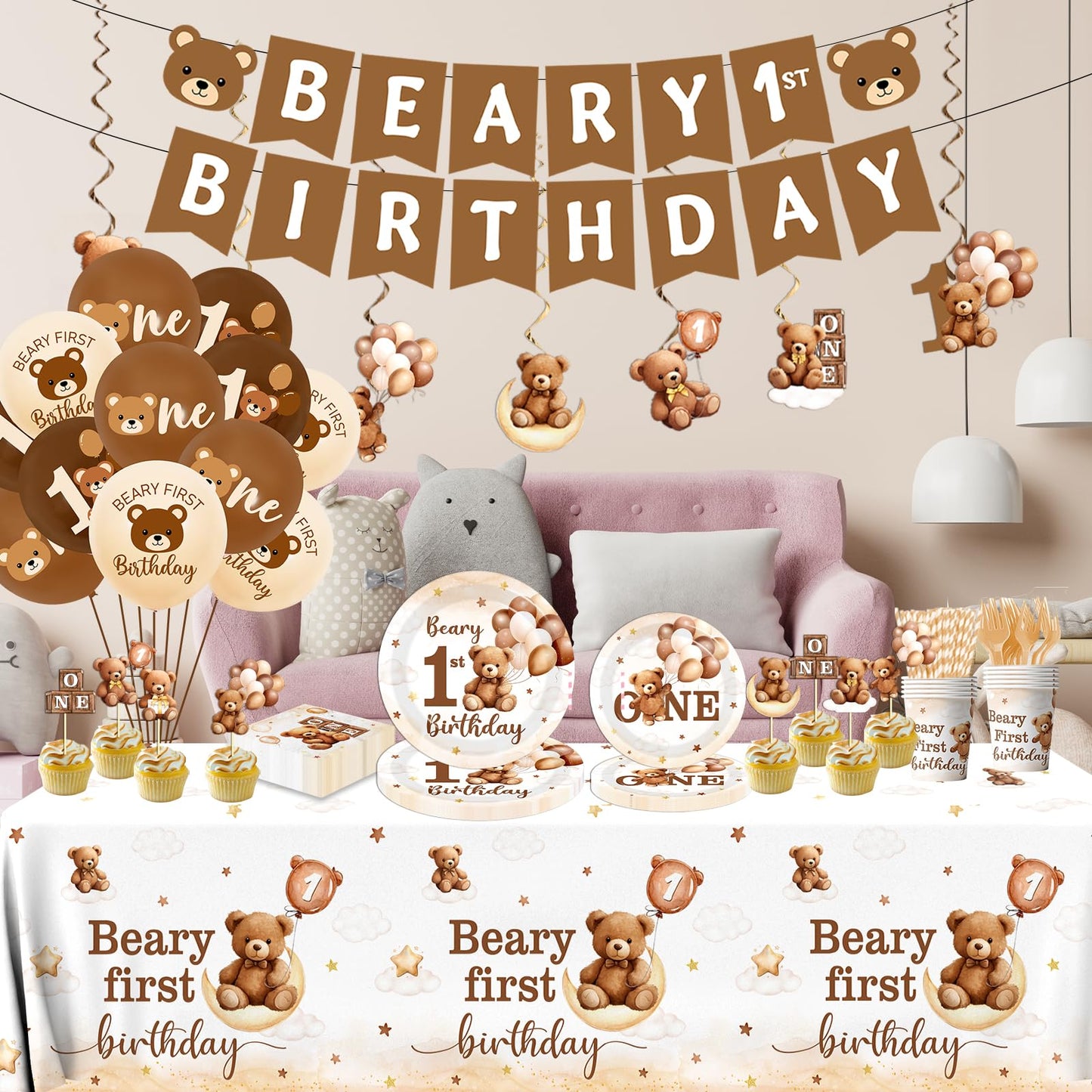 189Pcs Beary First Birthday Party Decorations for Boy,Brown Beary 1st Birthday Theme Tableware Teddy Bear One Year Old Disposable Plates Napkin Tablecloth Spiral Banner Balloon Cake Topper,Serve 24