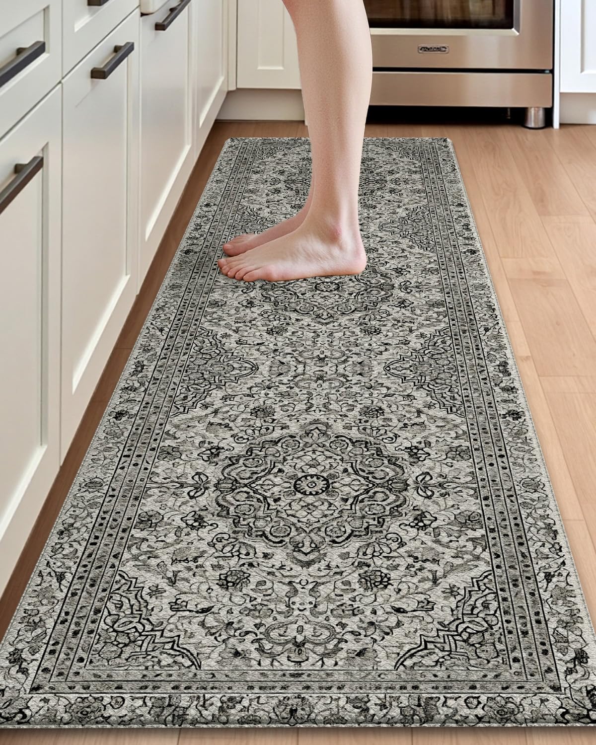 DEXI Kitchen Mats for Floor Anti Fatigue, 23x86 Long Runner Rug with Non Slip Back, Cushioned Foam Waterproof Standing Desk Boho Floral Home Decor, Grey