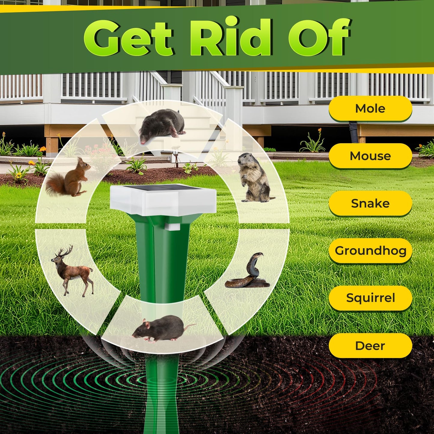 Animal Deterrent Devices, 2 Pack Solar Powered Mole Repellent Raccoon Cat Repeller, Outdoor Waterproof Squirrel Repellent Bird Repellent Devices Outdoor Deer Deterrent Devices 400 Hz