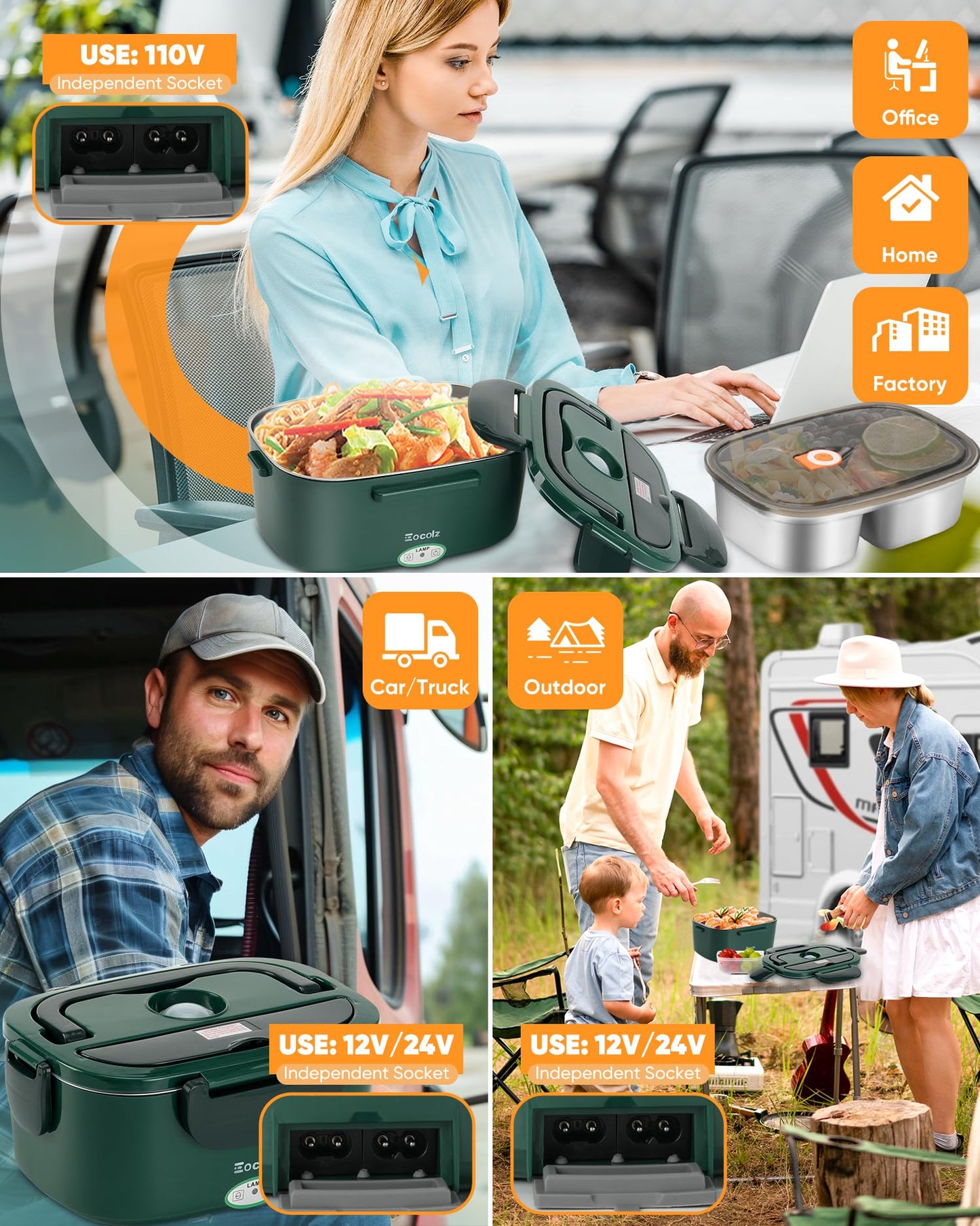Electric Lunch Box Food Heater - 100W Fast Heating Lunch Box 12V/24V/110-230V Warming Lunchbox, Dual 1.5L Containers, Portable Food Warmer for Car/Truck/Travel, with Spork & Insulated Carry Bag