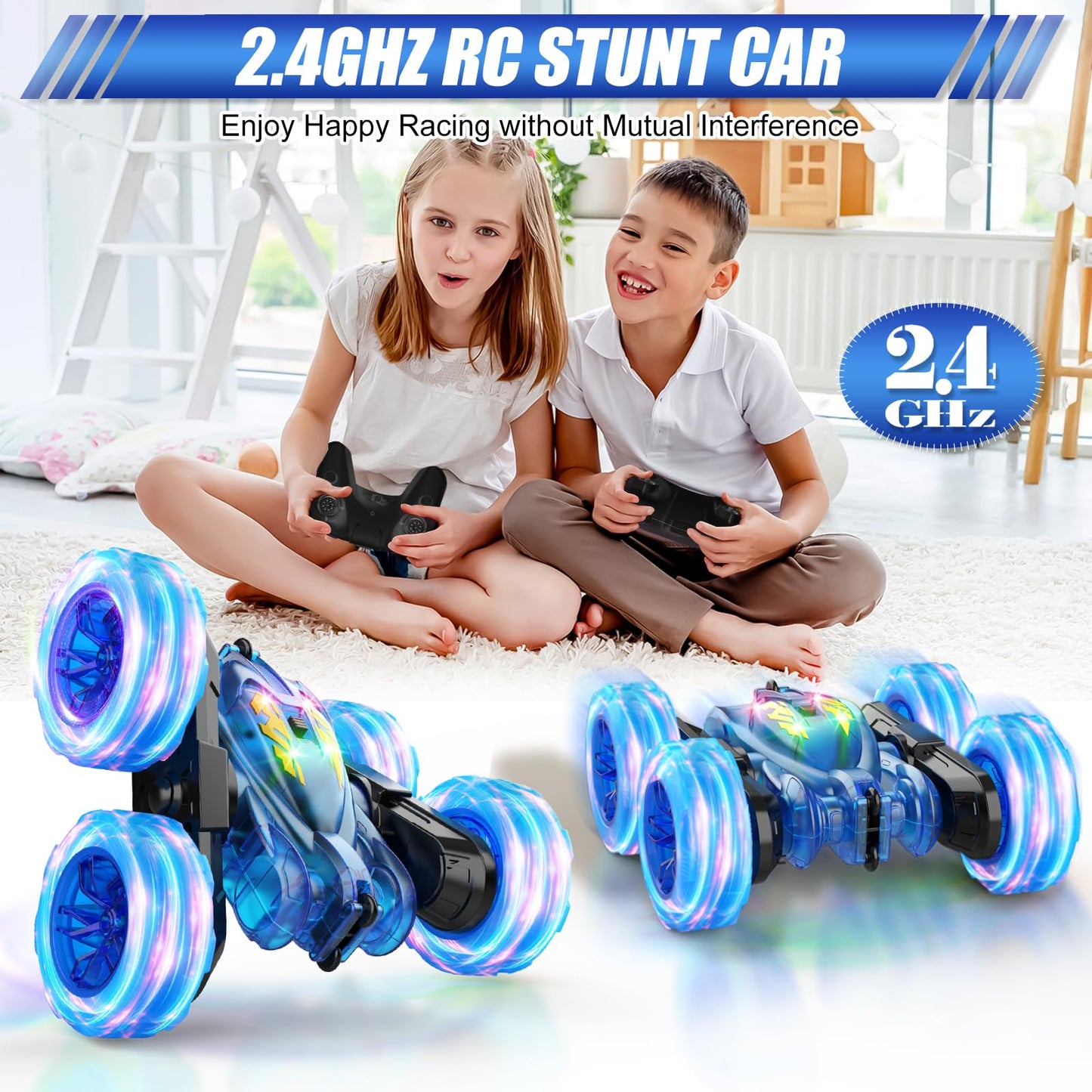 Remote Control Cars,Stunt RC Car Toy for Kids Ages 6-12,Fast USB-C Easy Charging,4WD Rechargeable RC Truck with Colorful Lights,2.4GHz Double-Sided 360° Rotating Birthday Gifts for Boys Girls(Blue)