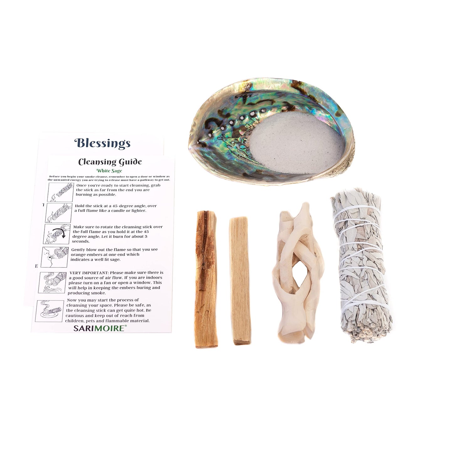 Sage Kit - White Sage Smudge Stick ~ Abalone Shell for Smudging ~ Palo Santo Sticks ~ 2 inchTripod Stand ~ 8 inch Feather and White Sand
