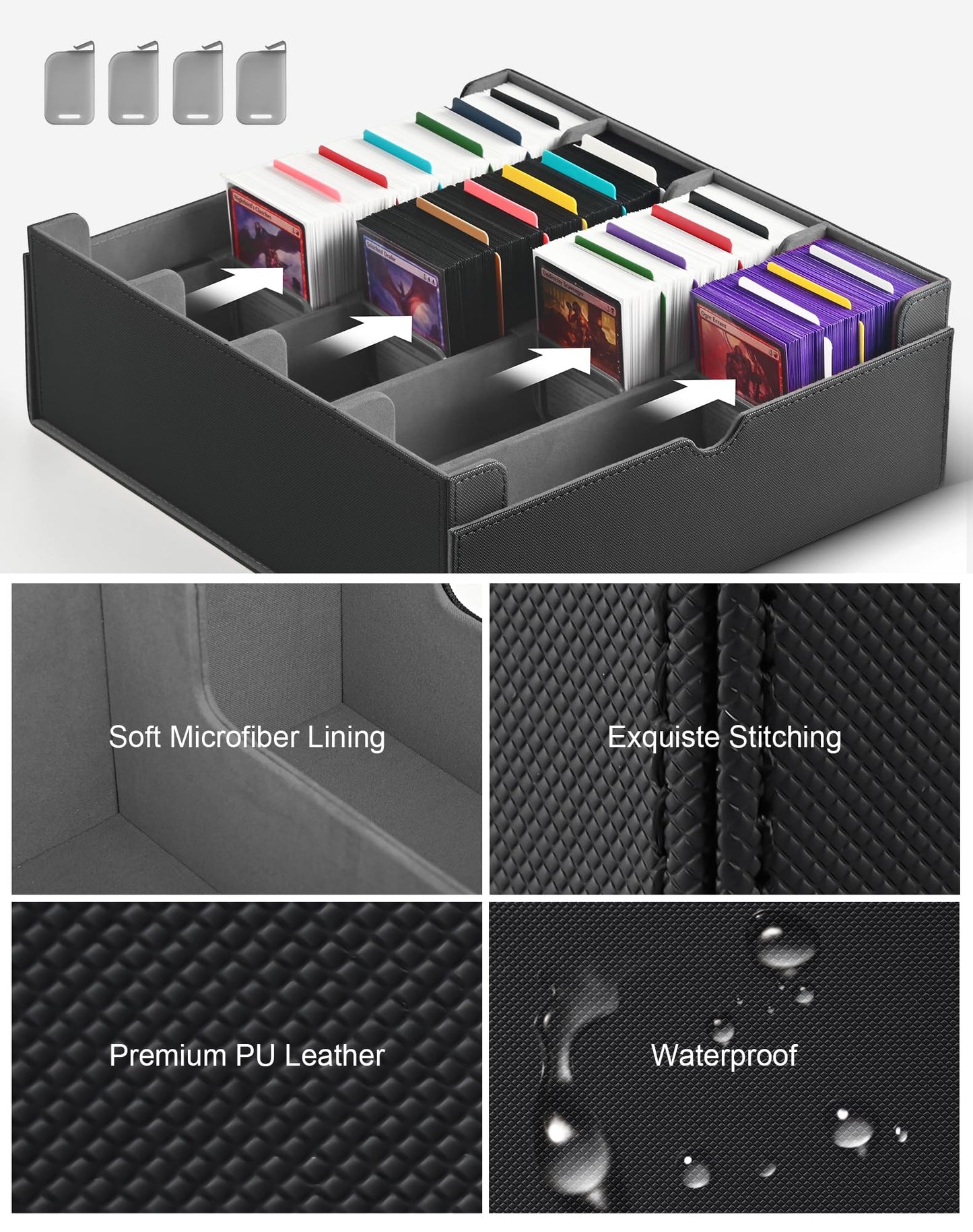 ZLCA Card Storage Box for MTG PTCG, Commander Deck Box Holds 3000+ Cards, Card Storage Case with 4 Stoppers, Card Organizer for TCG Sport Cards (Black)