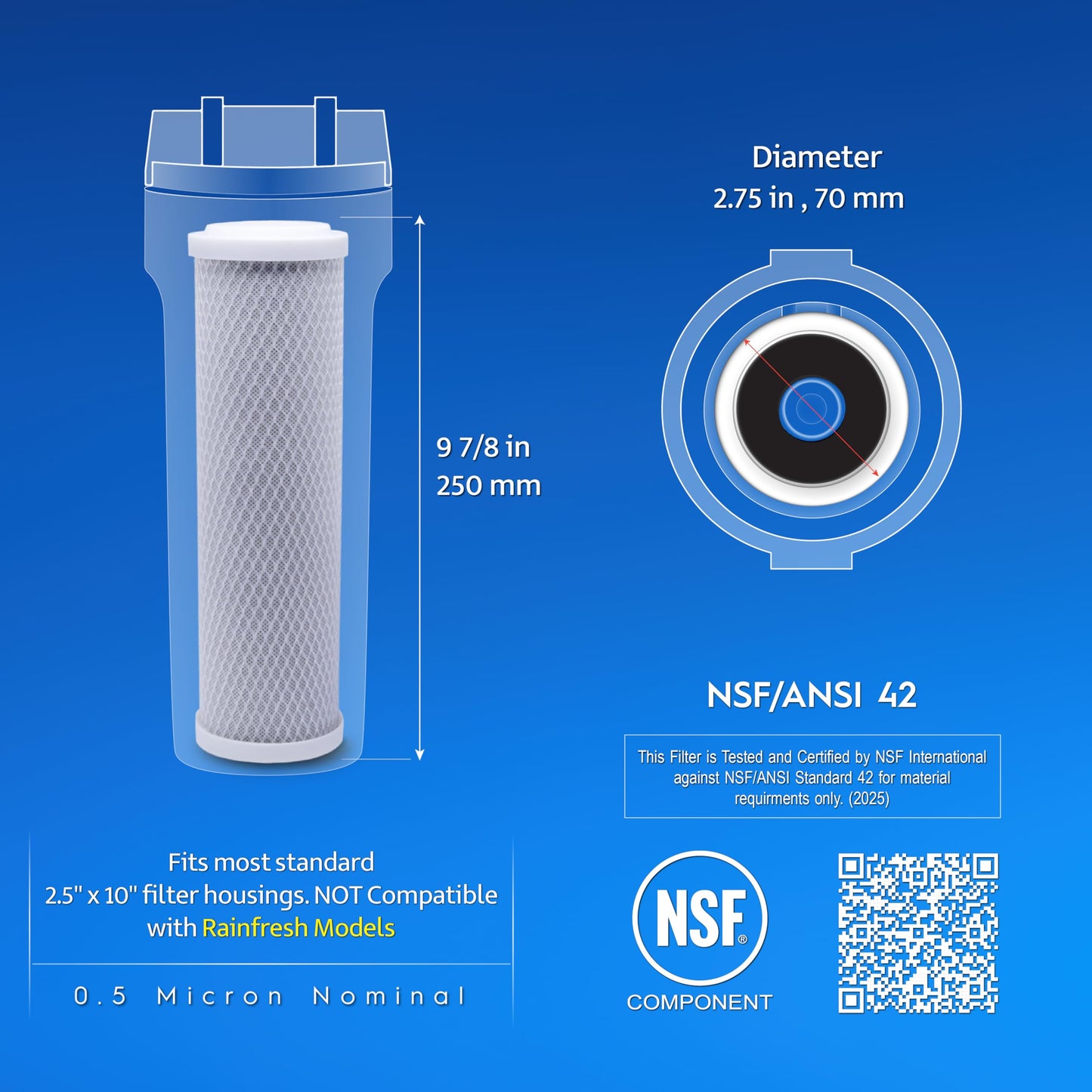 AquaRenaissance Premium 0.5 Micron Carbon Block 2.5 x 10 inch CTO Water Filter Replacement Cartridge, 95% VOC & PFAS Reduction, for Under Sink and Reverse Osmosis Water Filter Systems, NSF 42, 2 Pack