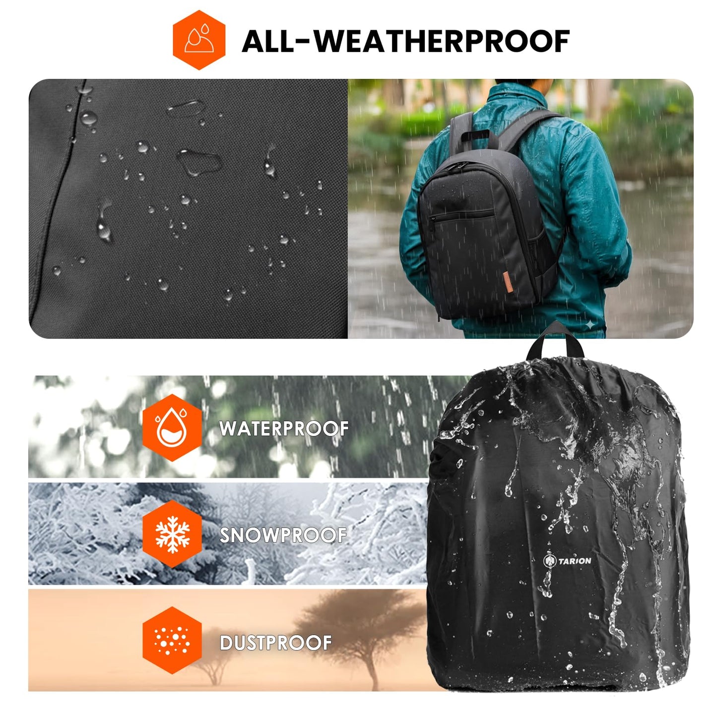 TARION Camera Backpack, Waterproof Photography Case Bag with 14'' Laptop Compartment and Rain Cover for DSLR SLR Camera Lens Flash Accessories, Tb-m-Black, M, Compact