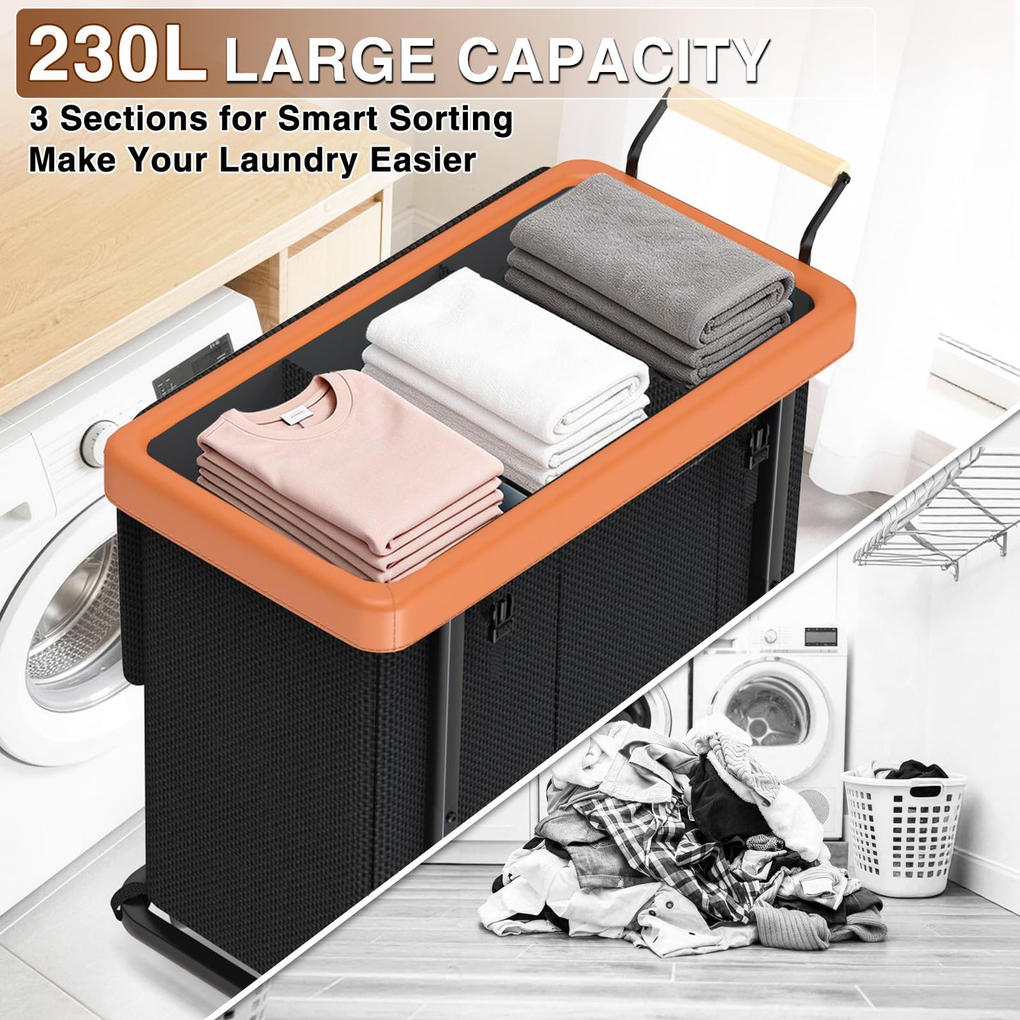 3 Section Laundry Hamper with Lid, 230L High Capacity Laundry Basket Sorter Cart with 4 Wheels, Leather Patchwork Handle for Towel, Cloth Organization