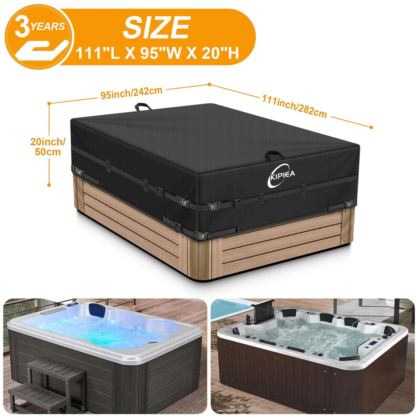 Kipiea Waterproof Rectangular Hot Tub Cover Protector, Heavy Duty Polyester SPA Cover UV Protection Cover for Hot Tub (111" L x 95" W x 20" H)