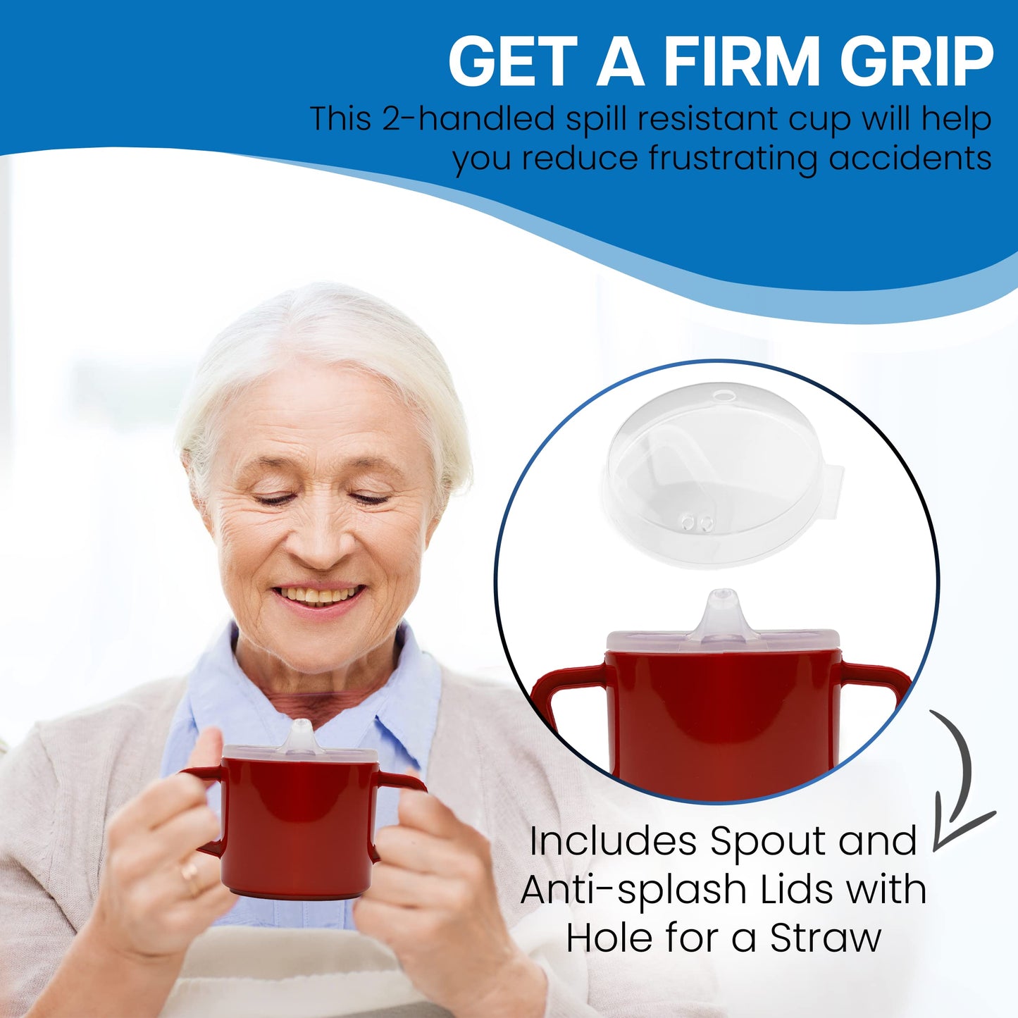 Providence Spillproof Compact 8oz Adult Sippy Cup with 2 Handles - Sip Cups for Adults for Limited Mobility - Handicapped Accessories - Handicap Cups for Elderly Care - Made in the USA - Red - 6