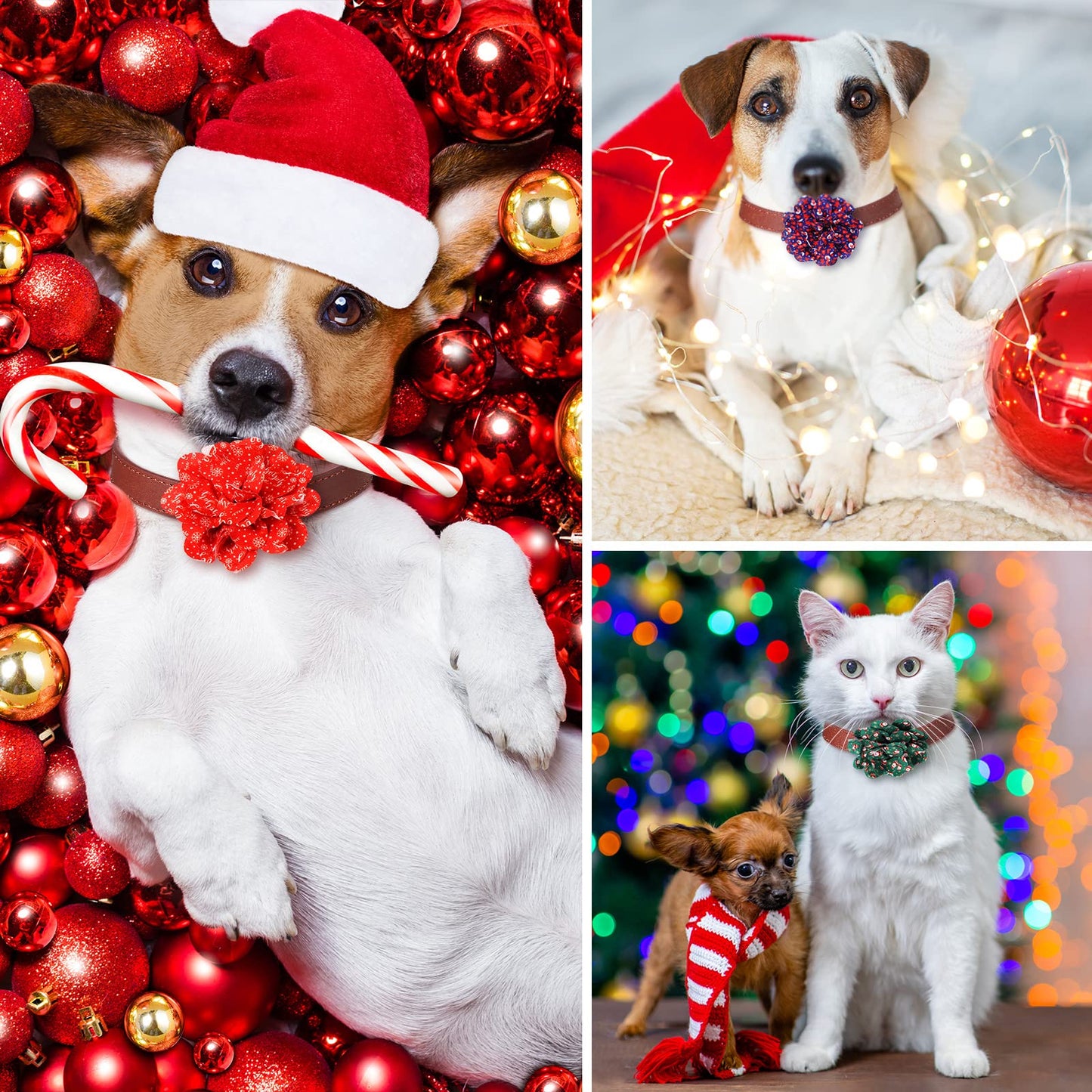 Sanwuta 80 Pieces Christmas Dog Collar Flowers Bulk Santa Claus Snowflakes Dog Charms Grooming Accessories Bow Tie Flower for Pets Cat Collar Attachment Embellishment Xmas Party Costume