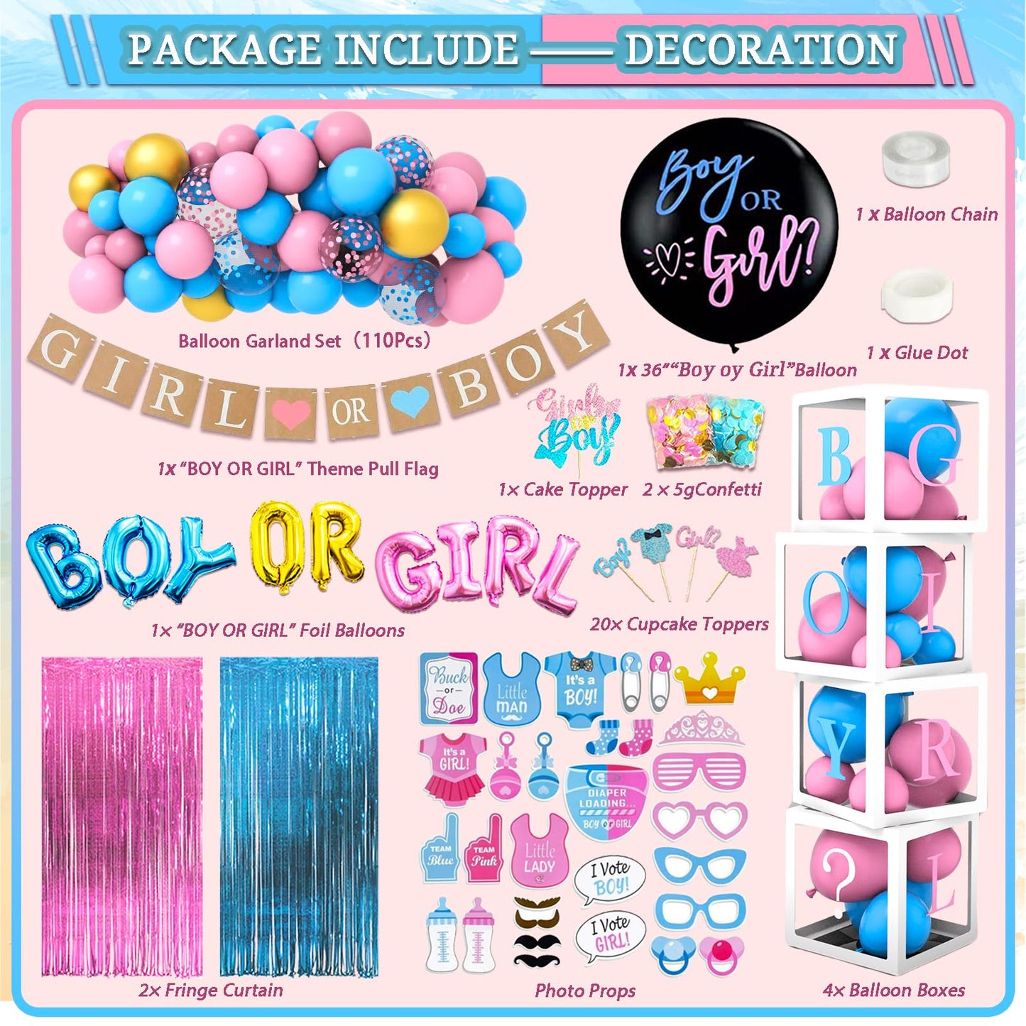 191pcs Pink Blue Gender Reveal Decorations, Boy or Girl Gender Reveal with Balloon Arch Kit, Baby Boxes, Fringe Curtains, Photo Props, Cake Copper