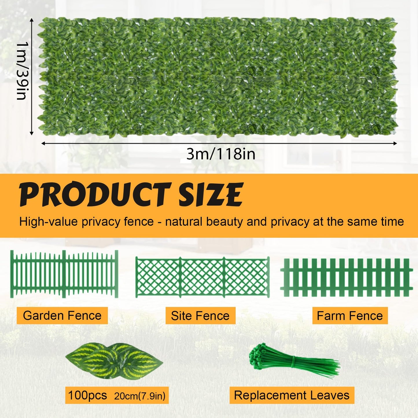Artificial Ivy Privacy Fence Screen 118x3in,Anti-Ultraviolet Outdoor Privacy Screen,Suitable for Faux Grass Decor and Outdoor Garden Fences,Grass Wall for Indoor Home Furnishing 1x3m