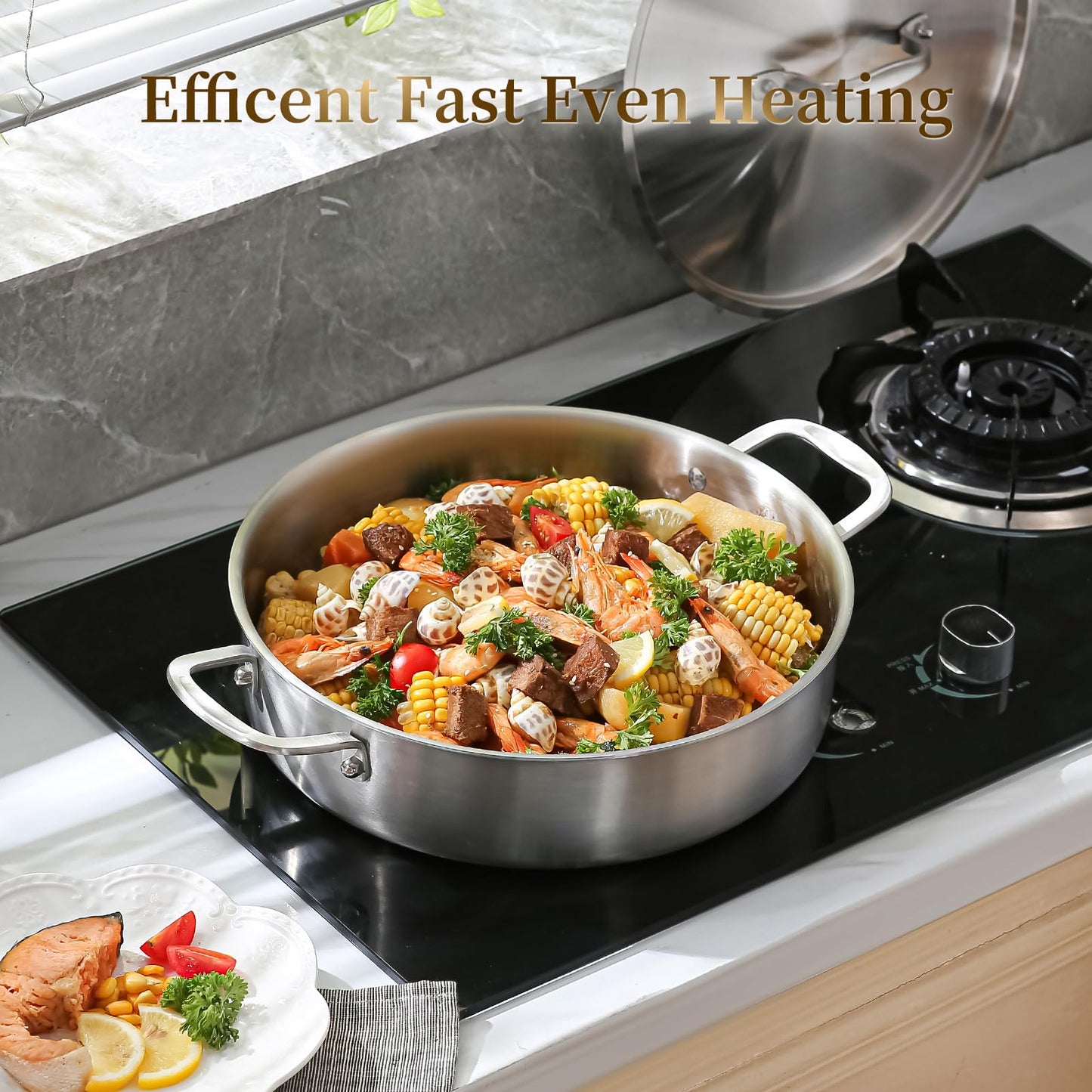 DELARLO Tri-Ply Stainless Steel 6 Quart Braiser Pan with Lid Induction Rondeau Pot with Lid 12inch Deep Frying Pan Large Saute Pan Heavy Duty Style Compatible with All Cooktops Up to 650℉