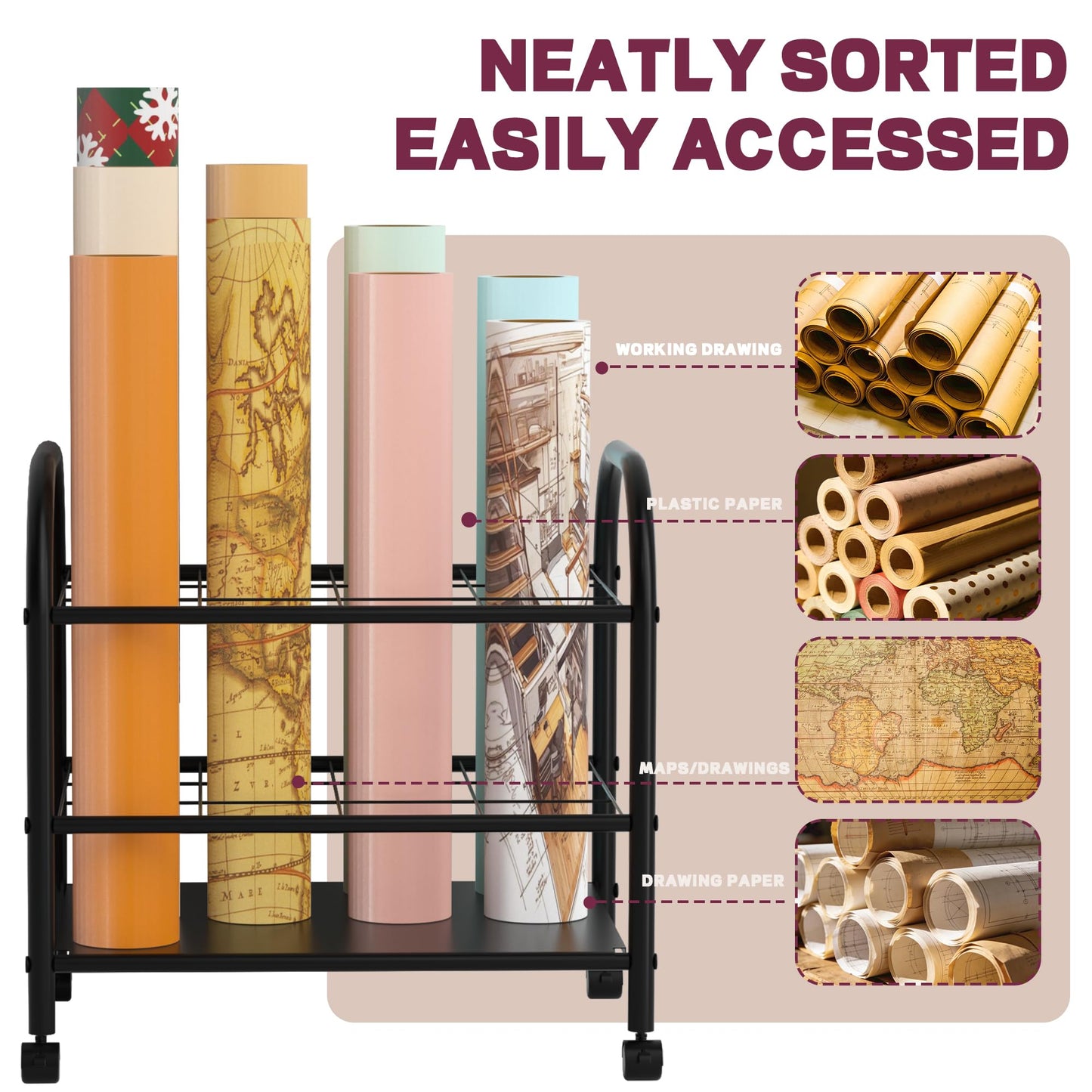 Yutrchey Blueprint Storage Rack with Wheels – 12-Slot Metal Roll File Holder with Silent Casters & Brakes for Blueprints, Wrapping Paper, Posters, Maps – Mobile File Cart for Office & Home (Black)