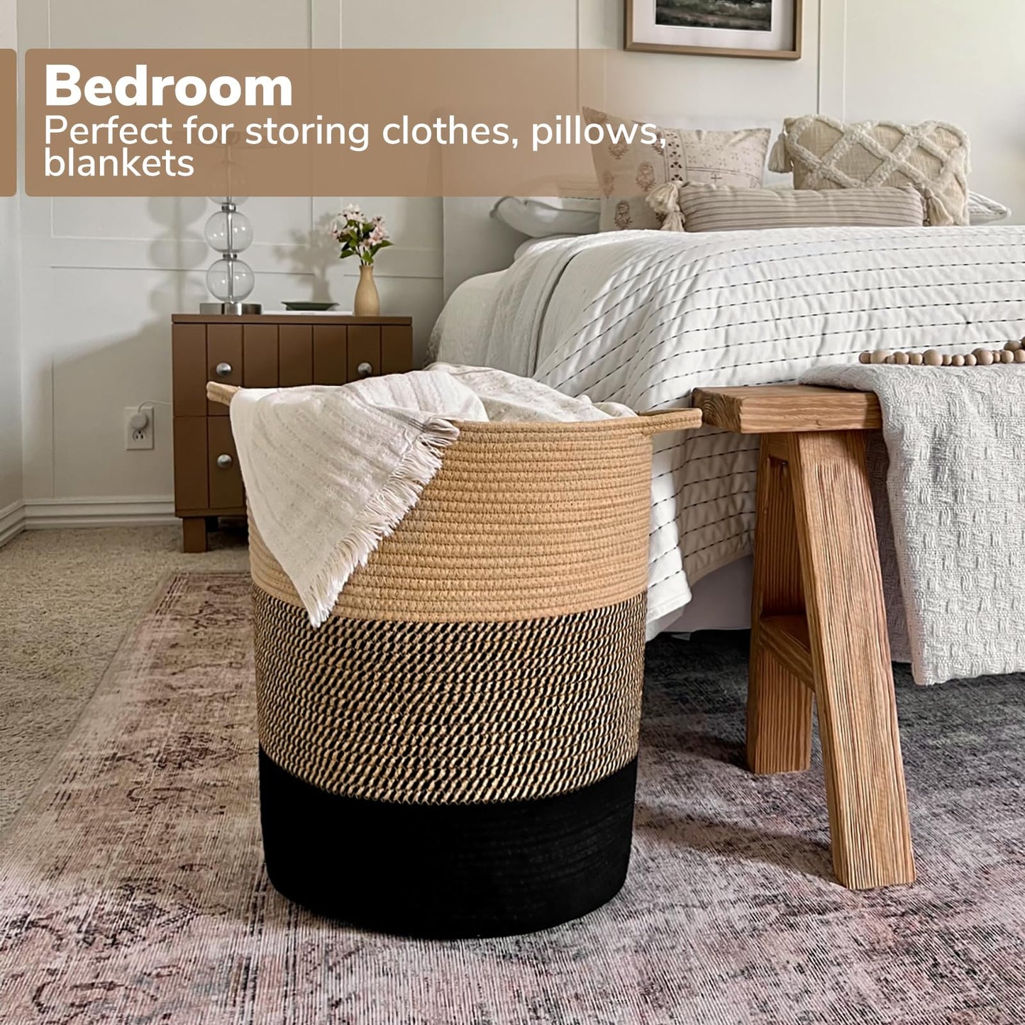 INDRESSME Large Cotton Rope Basket - Tall Laundry Basket Hamper for Dirty Clothes Woven Storage Basket for Blanket in Living Room Toy Basket for Nursery Storage, 17.8" x 15.8" x 13.8"