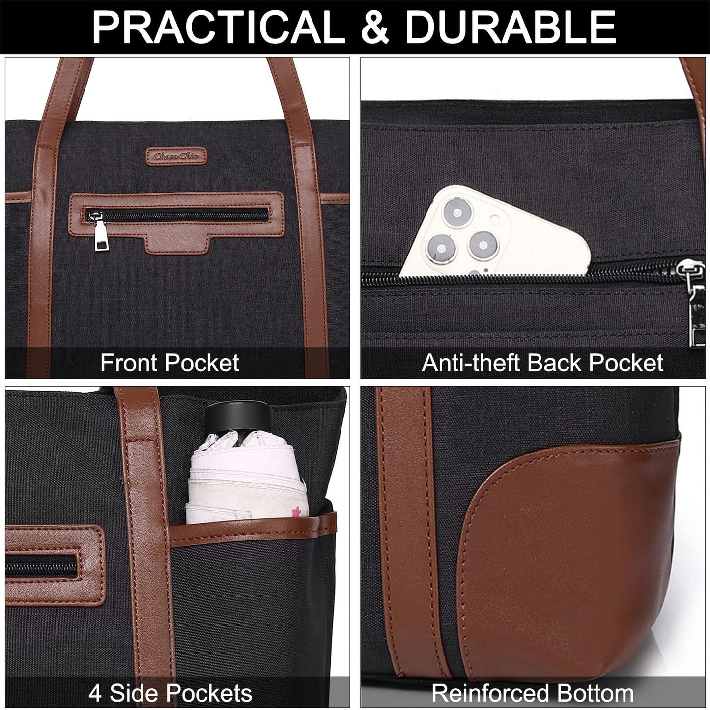 Laptop Bag for Women, Chasechic Water-Resistant Classic Work Tote Shoulder Bag fits 15.6 Inch Laptop with Luggage Strap Brown