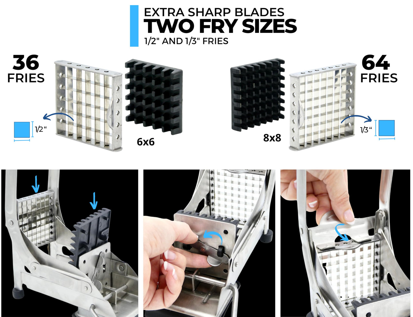 ICO Stainless Steel 2-Blade French Fry Potato Cutter, No-Slip Suction Base, Perfect for use with Air Fryer
